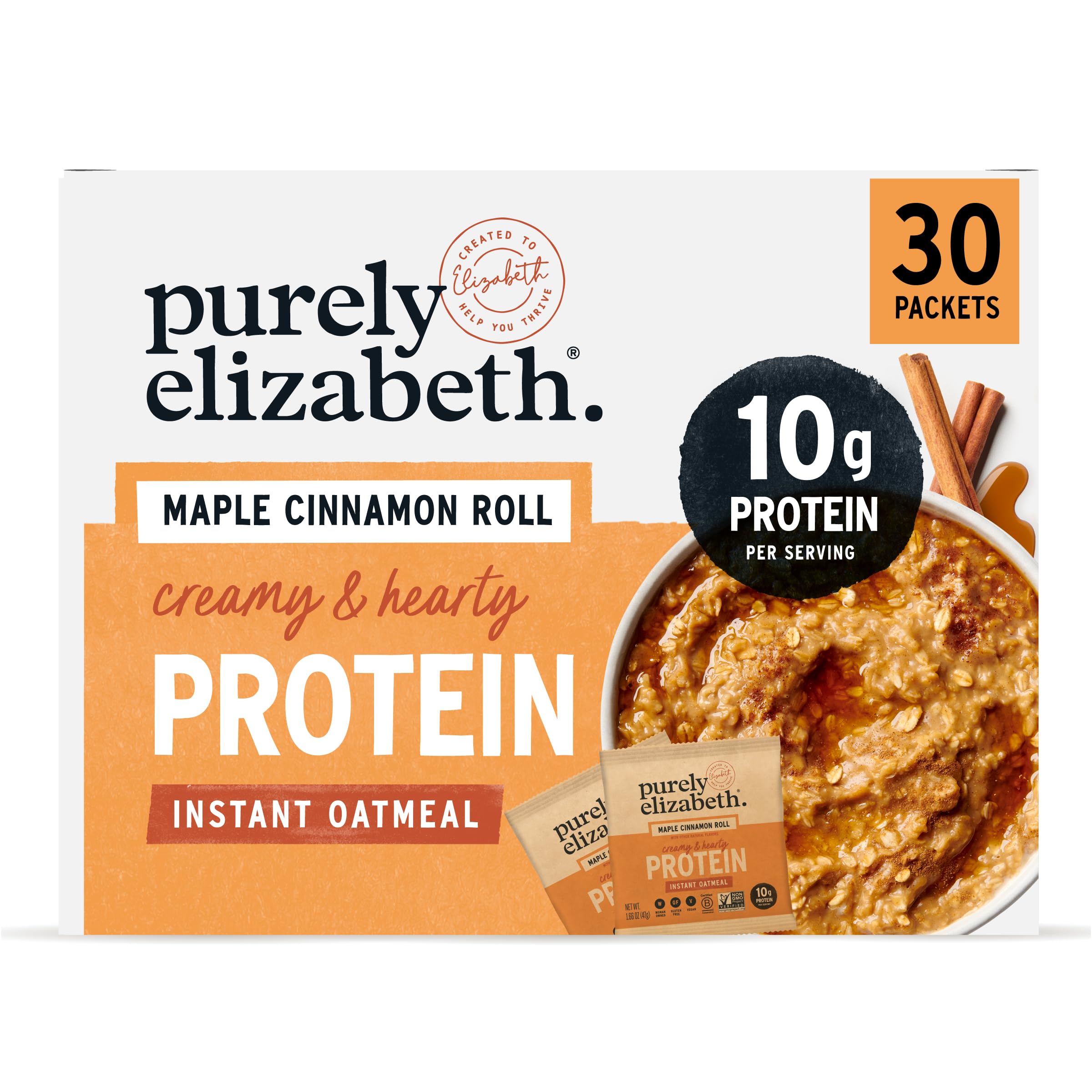 Purely Elizabeth maple cinnamon-roll oatmeal packaging, six-pack for quick breakfasts.