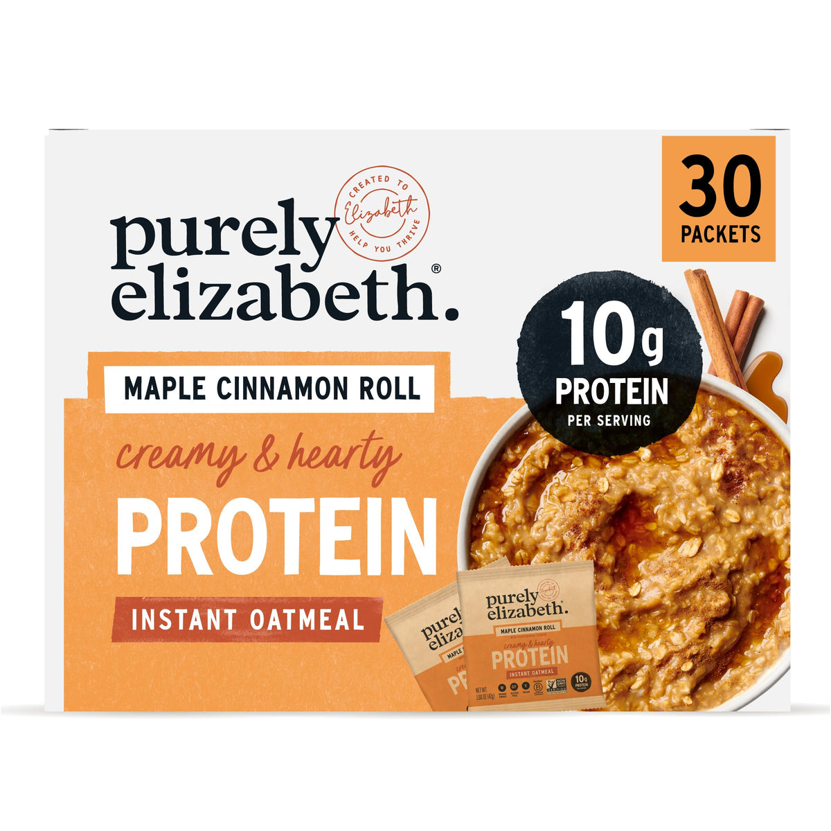 Purely Elizabeth maple cinnamon-roll oatmeal packaging, six-pack for quick breakfasts.