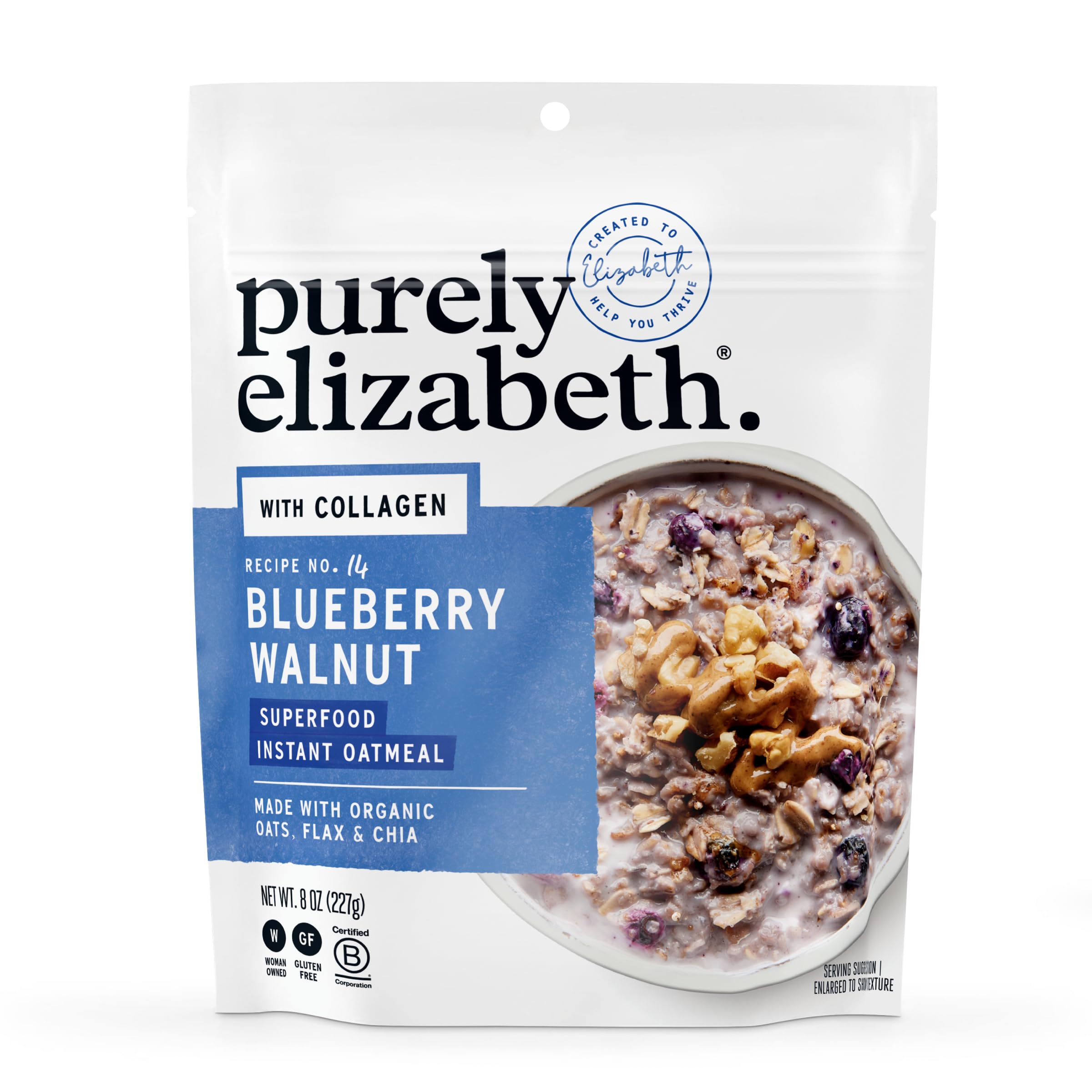 Purely Elizabeth Oat Blueberry Walnut Collagen Pouch shows oats and berries for a quick breakfast