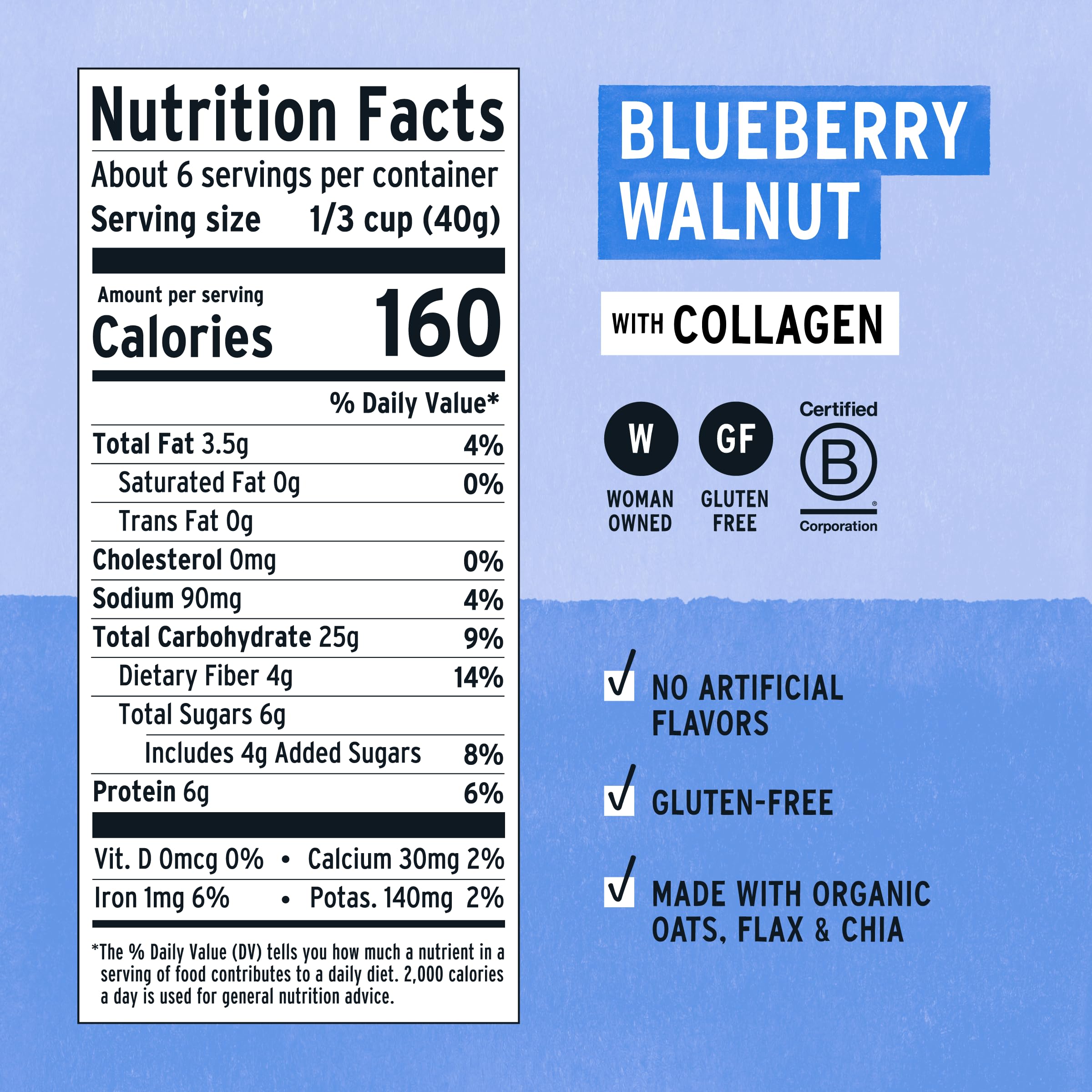 Purely Elizabeth Oat Blueberry Walnut Collagen Pouch, handheld on-the-go snacking with premium ingredients