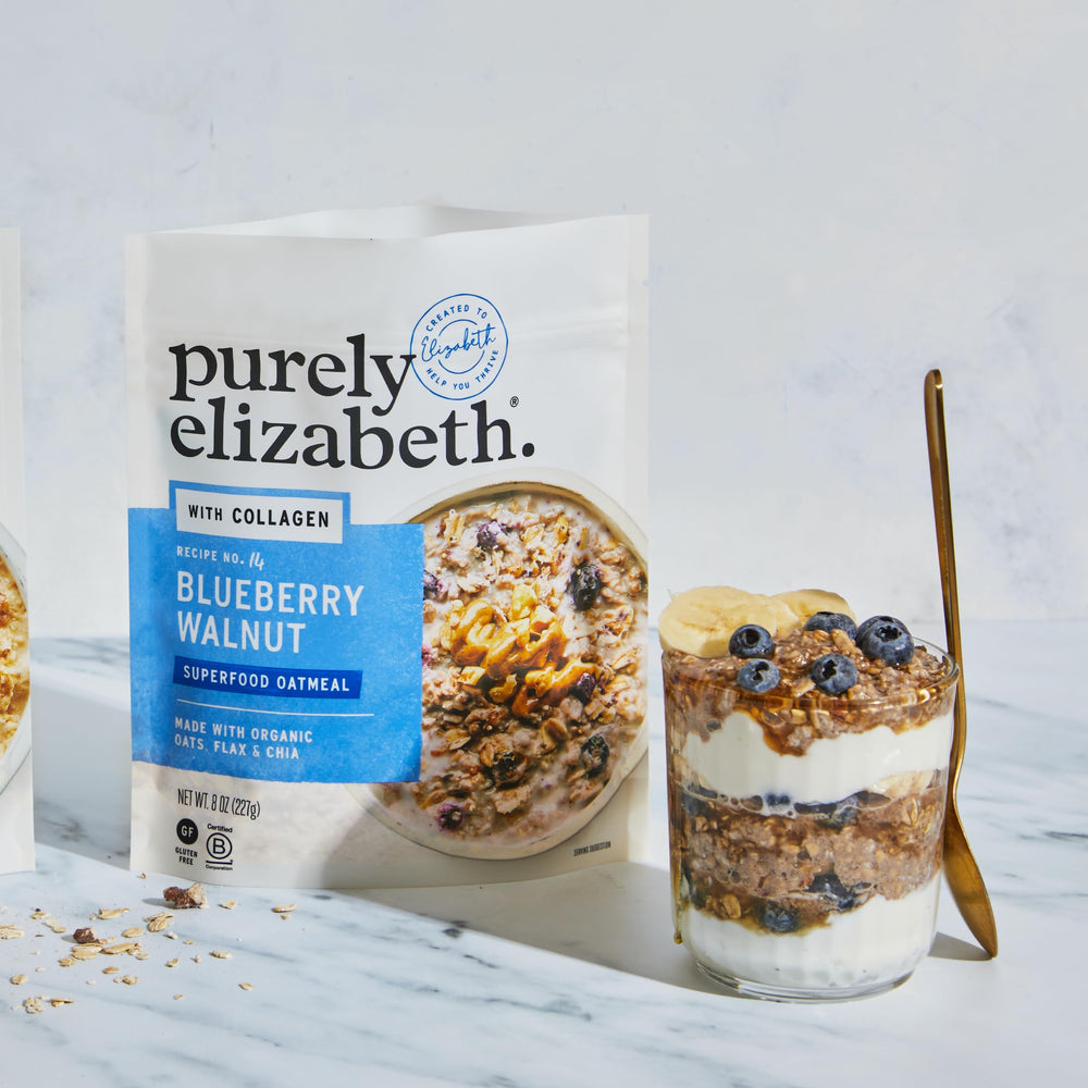 Purely Elizabeth Oat Blueberry Walnut Collagen Pouch with bright berries and crunchy walnuts for a flavorful snack