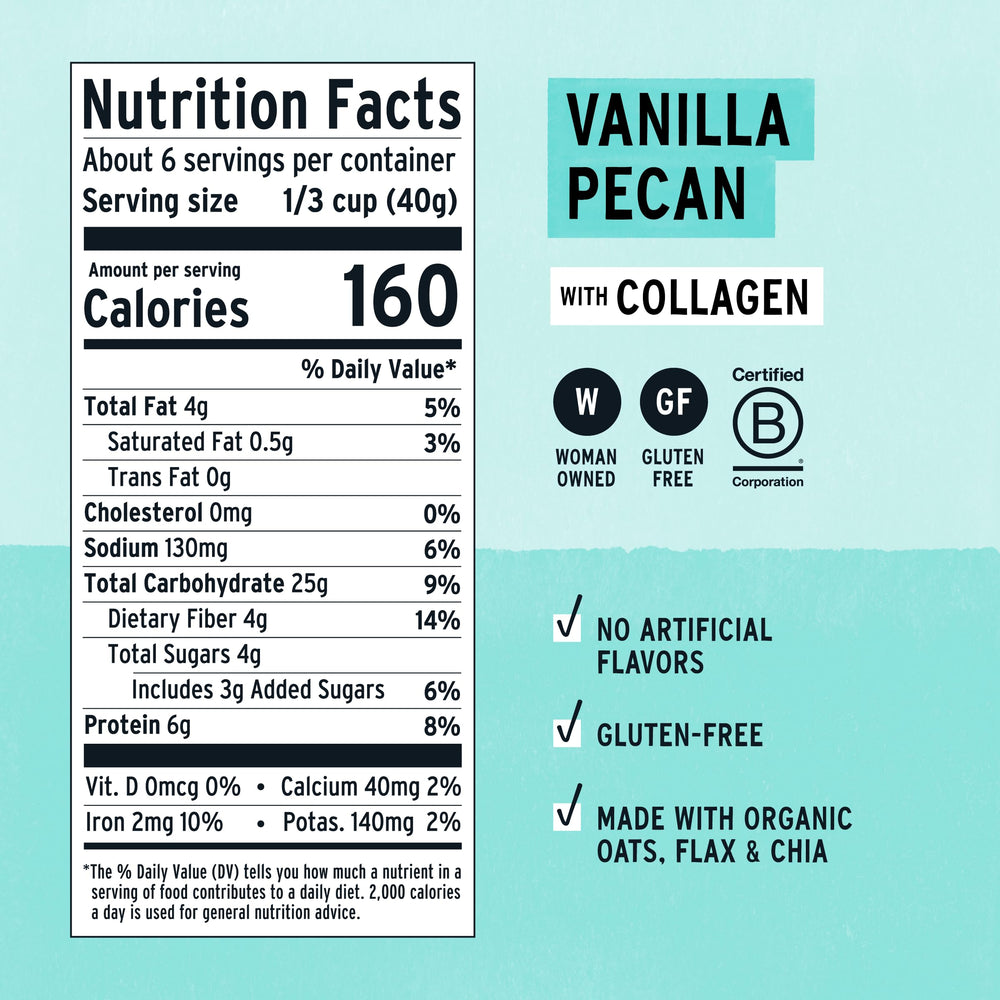 Purely Elizabeth Oat Pouch Collagen Vanilla Pecan pour—easy to whisk into smoothies.
