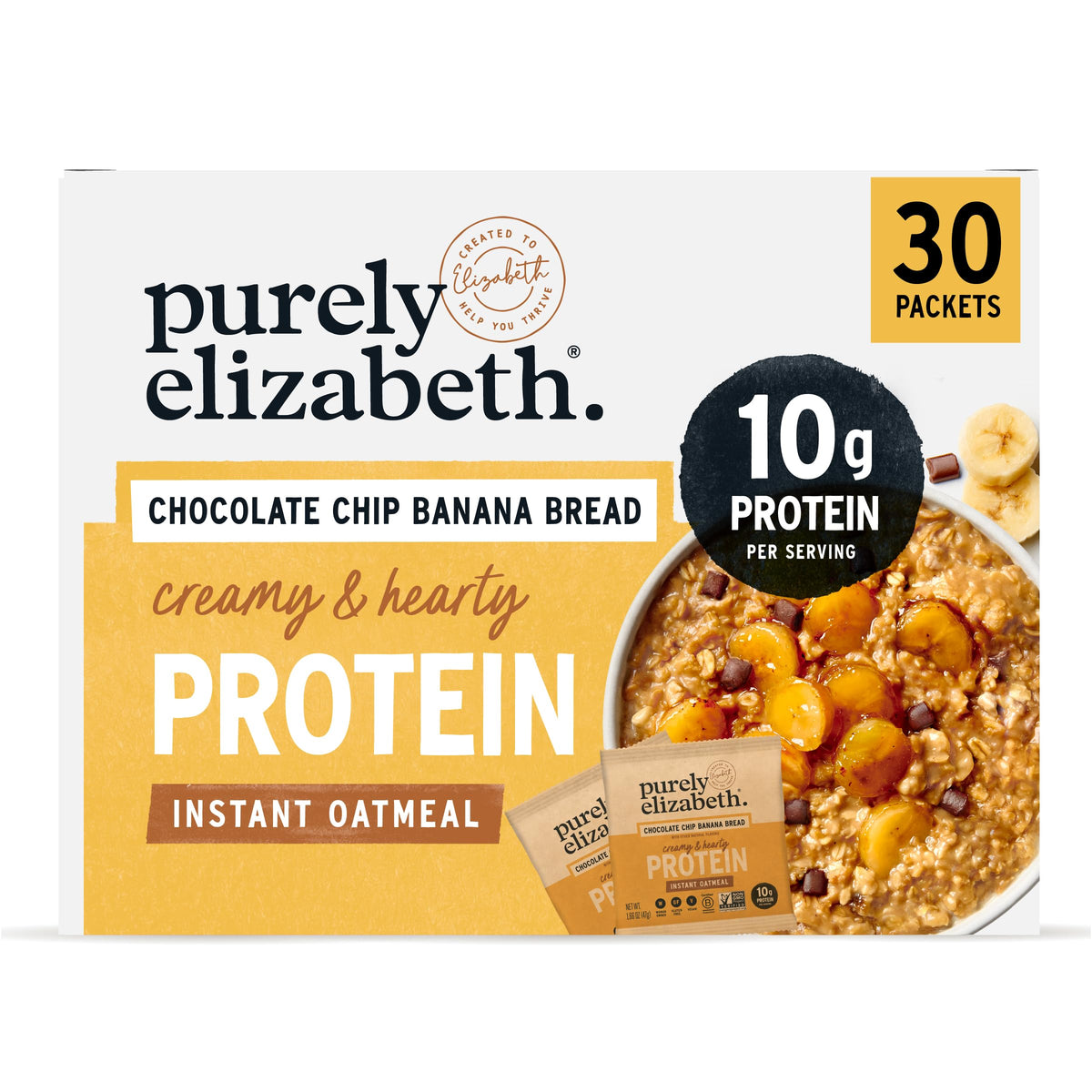 Purely Elizabeth oatmeal banana bread chocolate chip packet for quick protein breakfast.