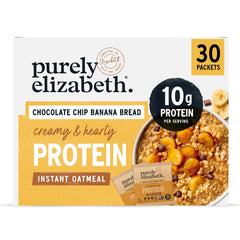 Purely Elizabeth oatmeal banana bread chocolate chip packet for quick protein breakfast.