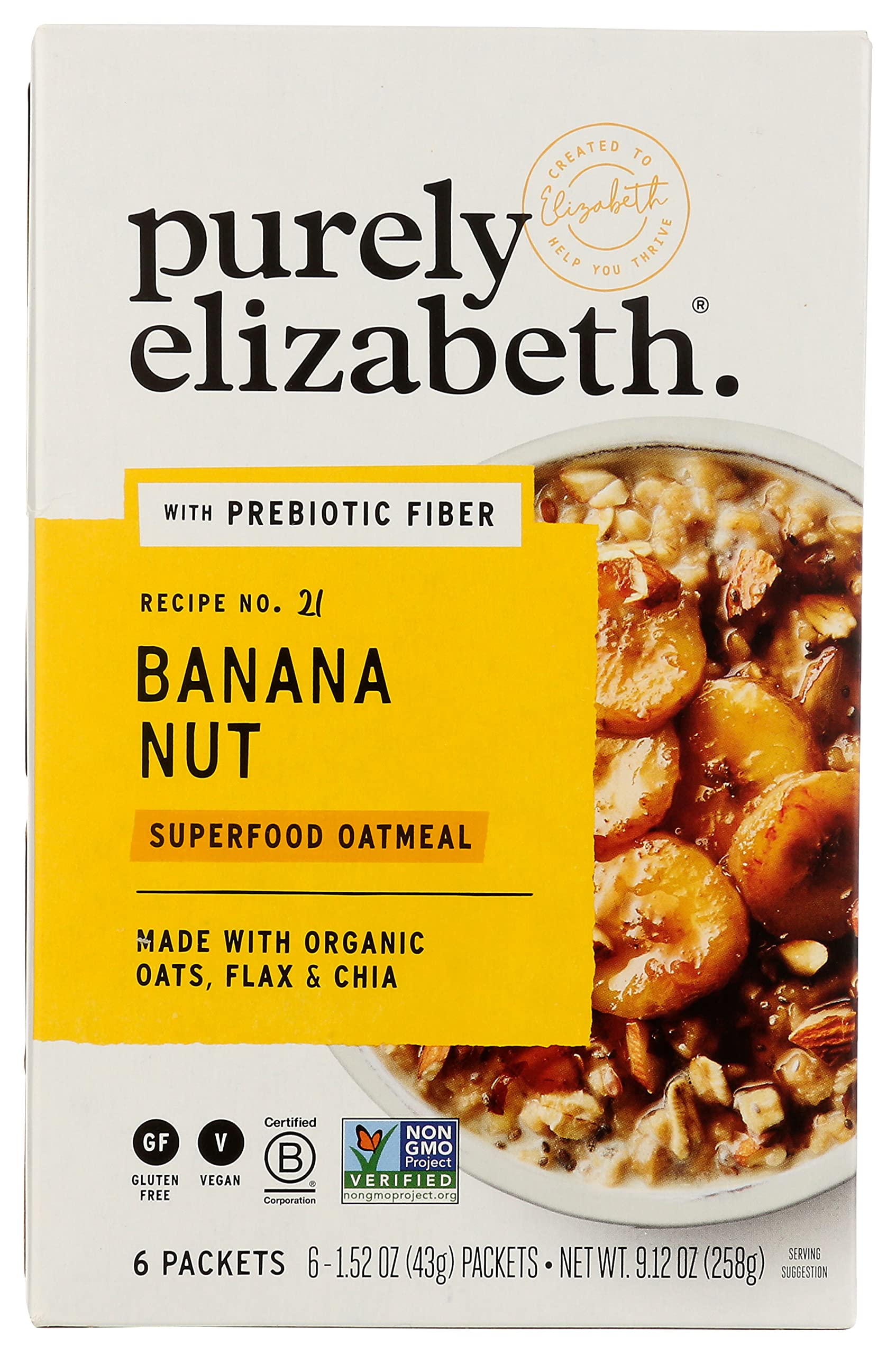 Purely Elizabeth Oatmeal Banana Nut Prebiotic Multipack packaging showcases a wholesome, convenient breakfast option.