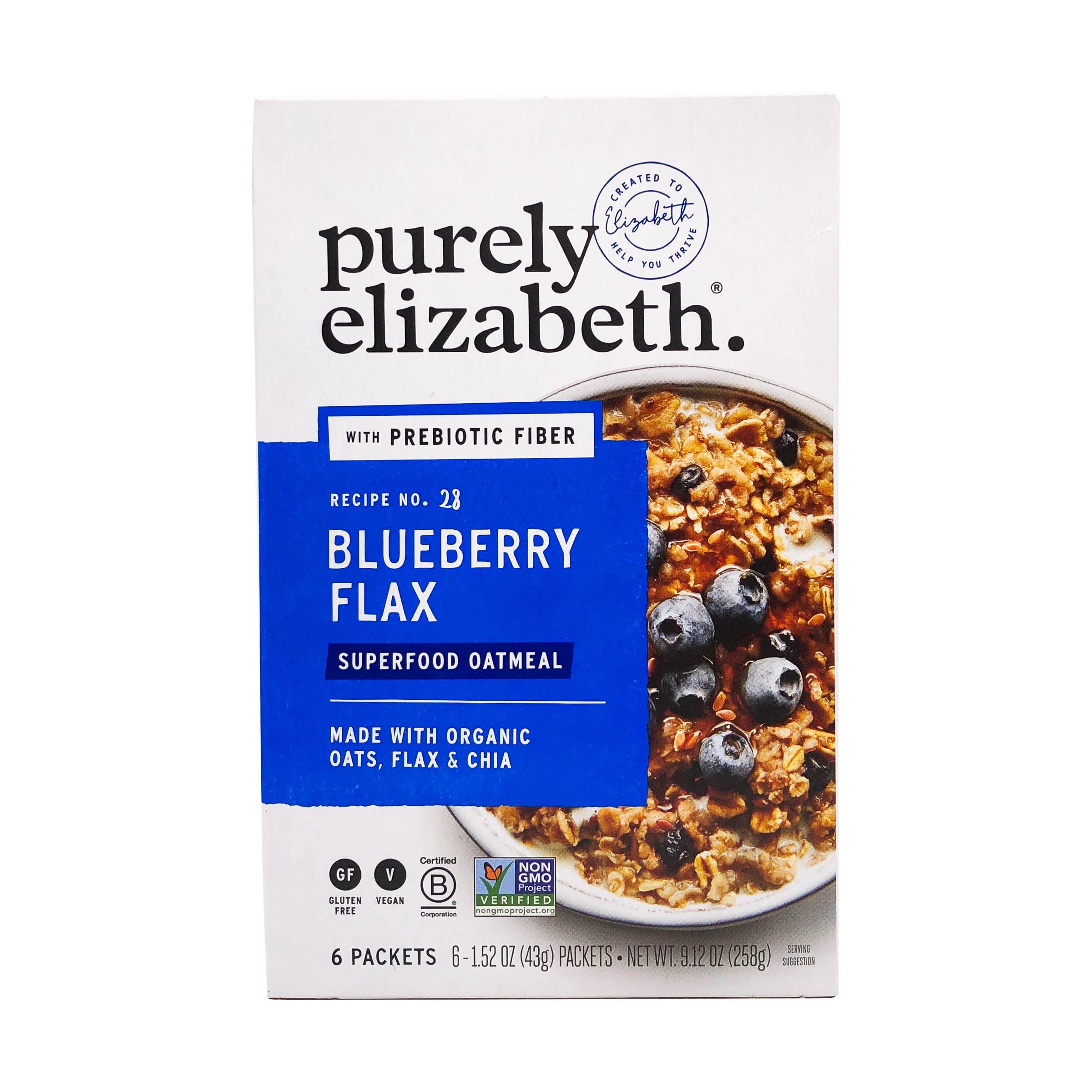 Purely Elizabeth Oatmeal Blueberry Flax Prebiotic closeup of oats, blueberries, flax