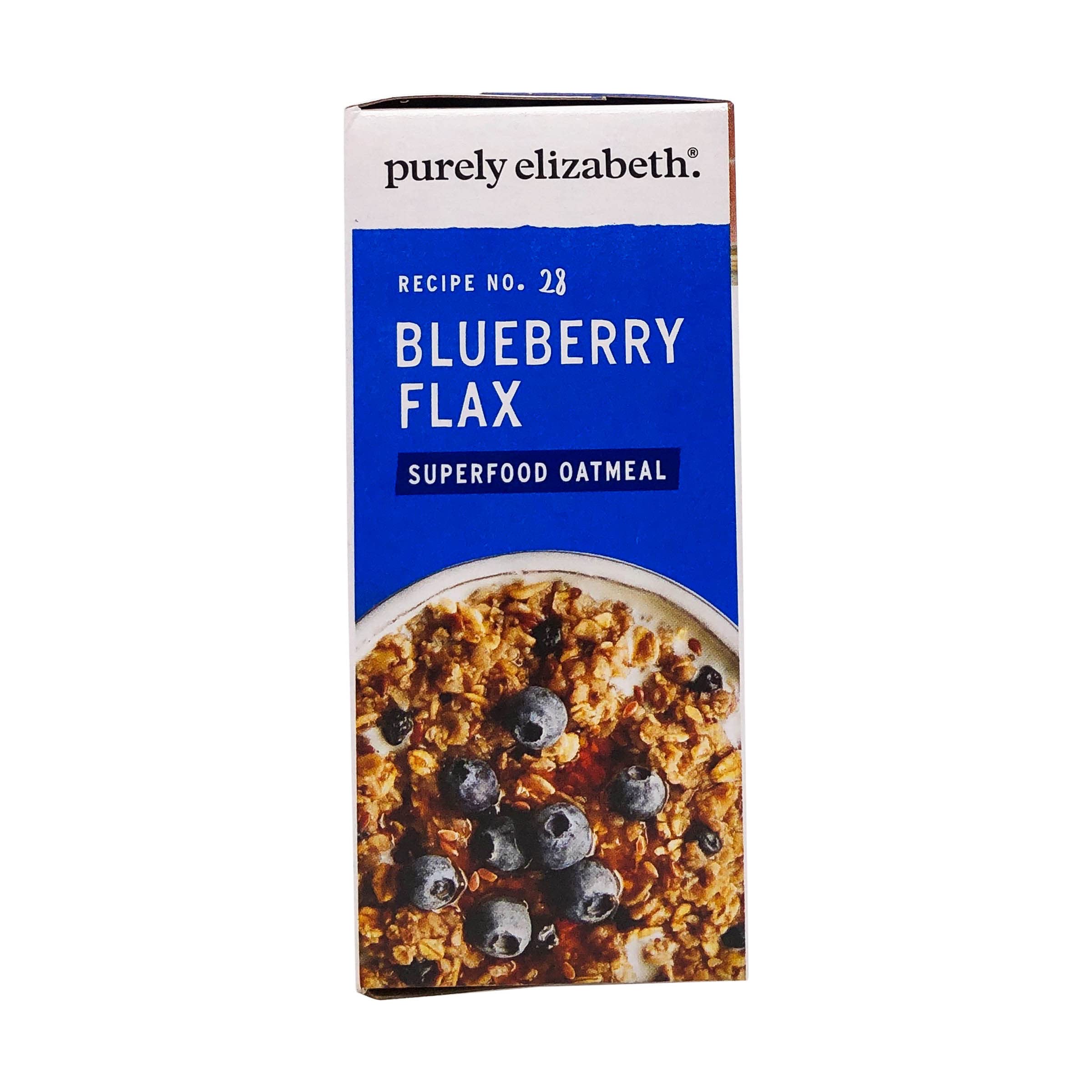 Purely Elizabeth Oatmeal Blueberry Flax Prebiotic texture closeup showing oats and flax
