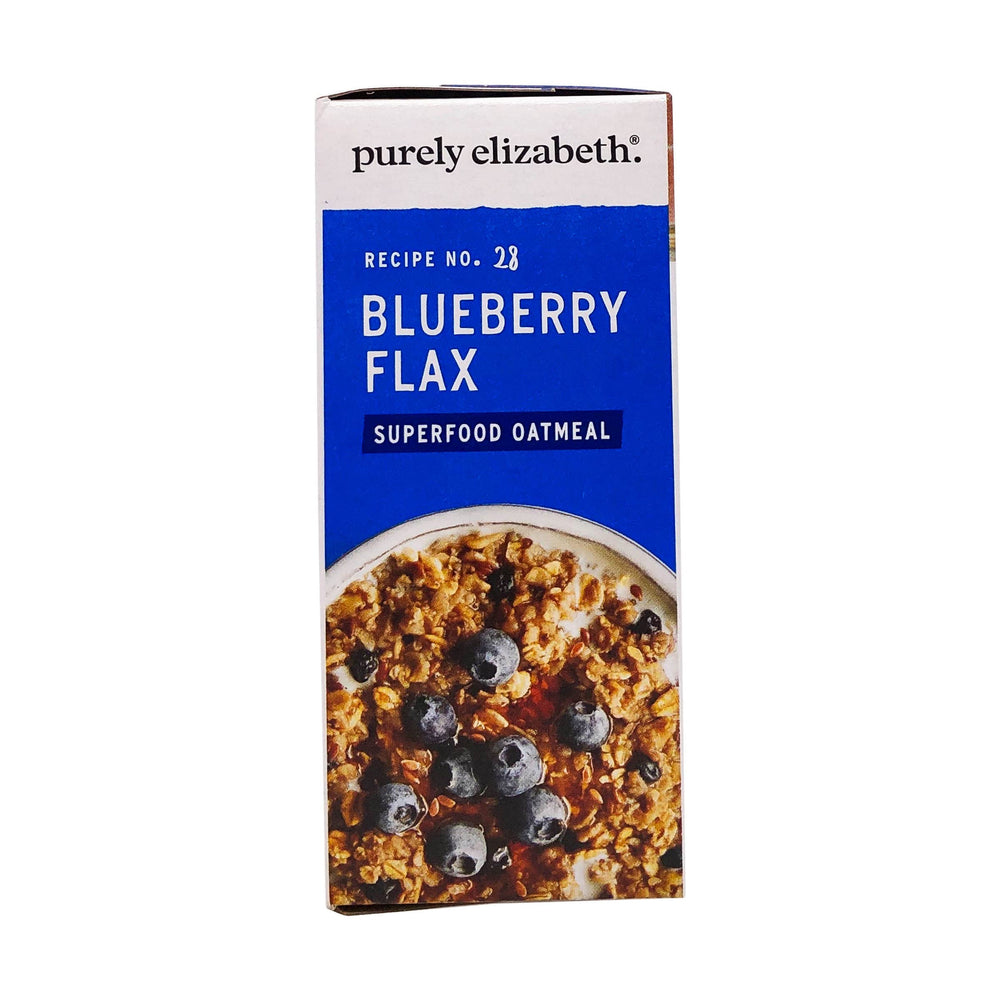 Purely Elizabeth Oatmeal Blueberry Flax Prebiotic texture closeup showing oats and flax