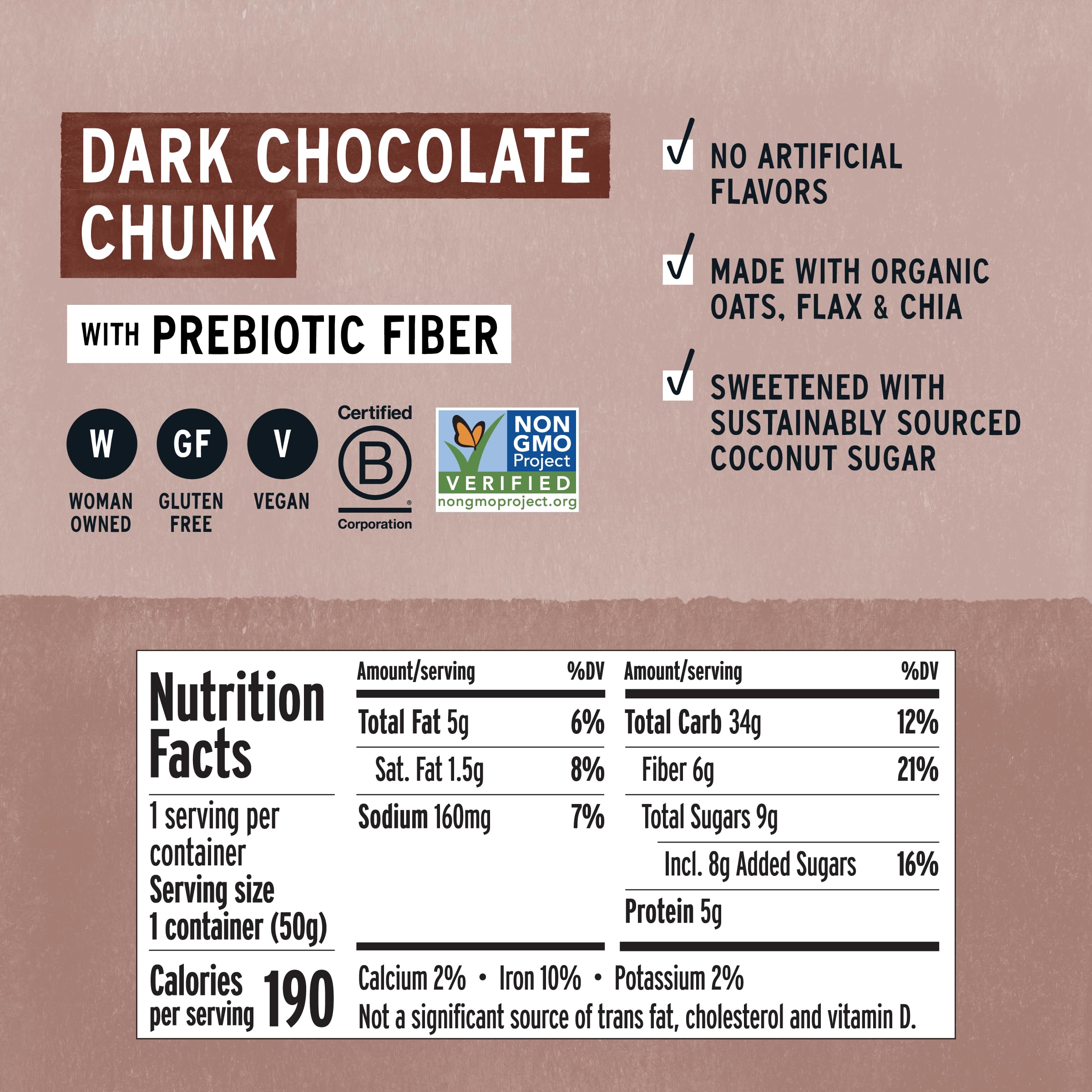 Close-up of dark chocolate chunks in Purely Elizabeth Oatmeal Cup