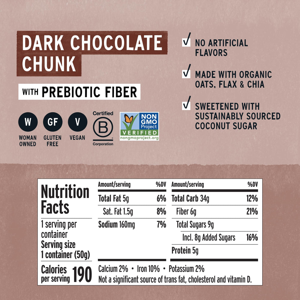Close-up of dark chocolate chunks in Purely Elizabeth Oatmeal Cup