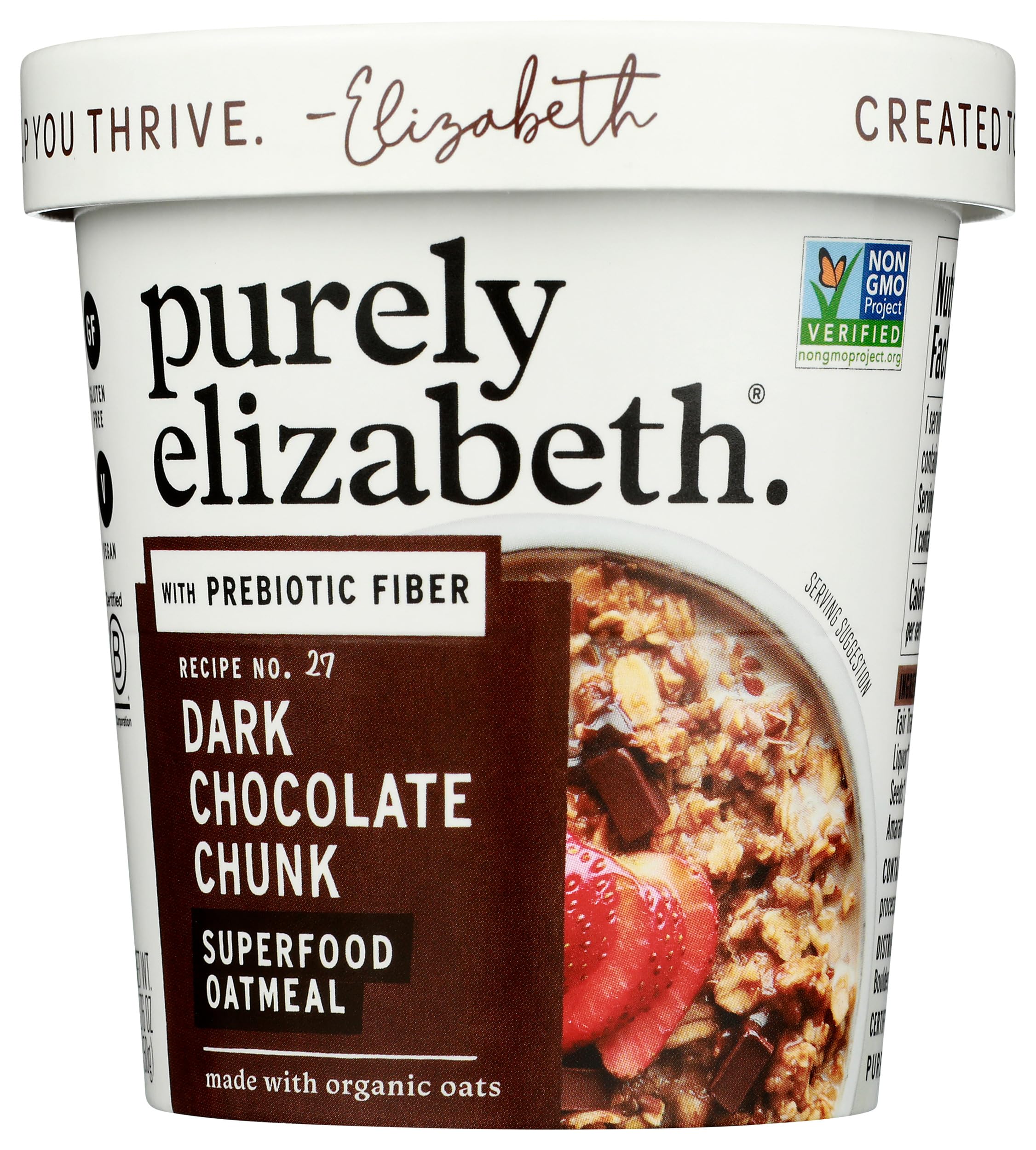Purely Elizabeth Oatmeal Cup packaging close-up highlights premium ingredients.