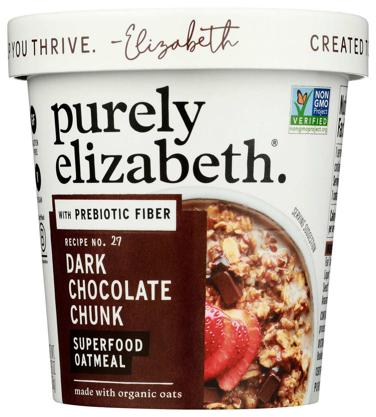 Purely Elizabeth Oatmeal Cup packaging close-up highlights premium ingredients.