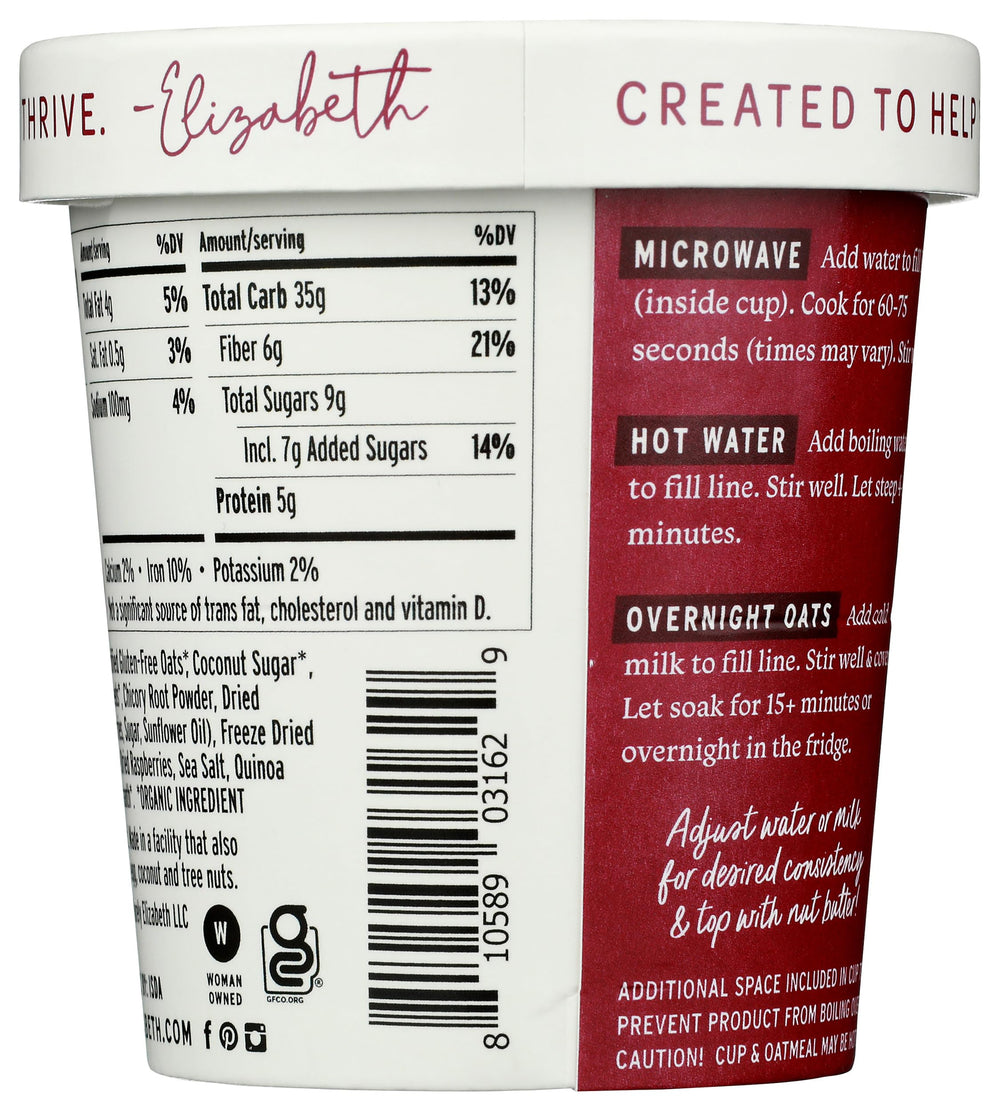 Purely Elizabeth Oatmeal Cup Mix Berry Preb ingredients visible, signaling quality and flavor potential.