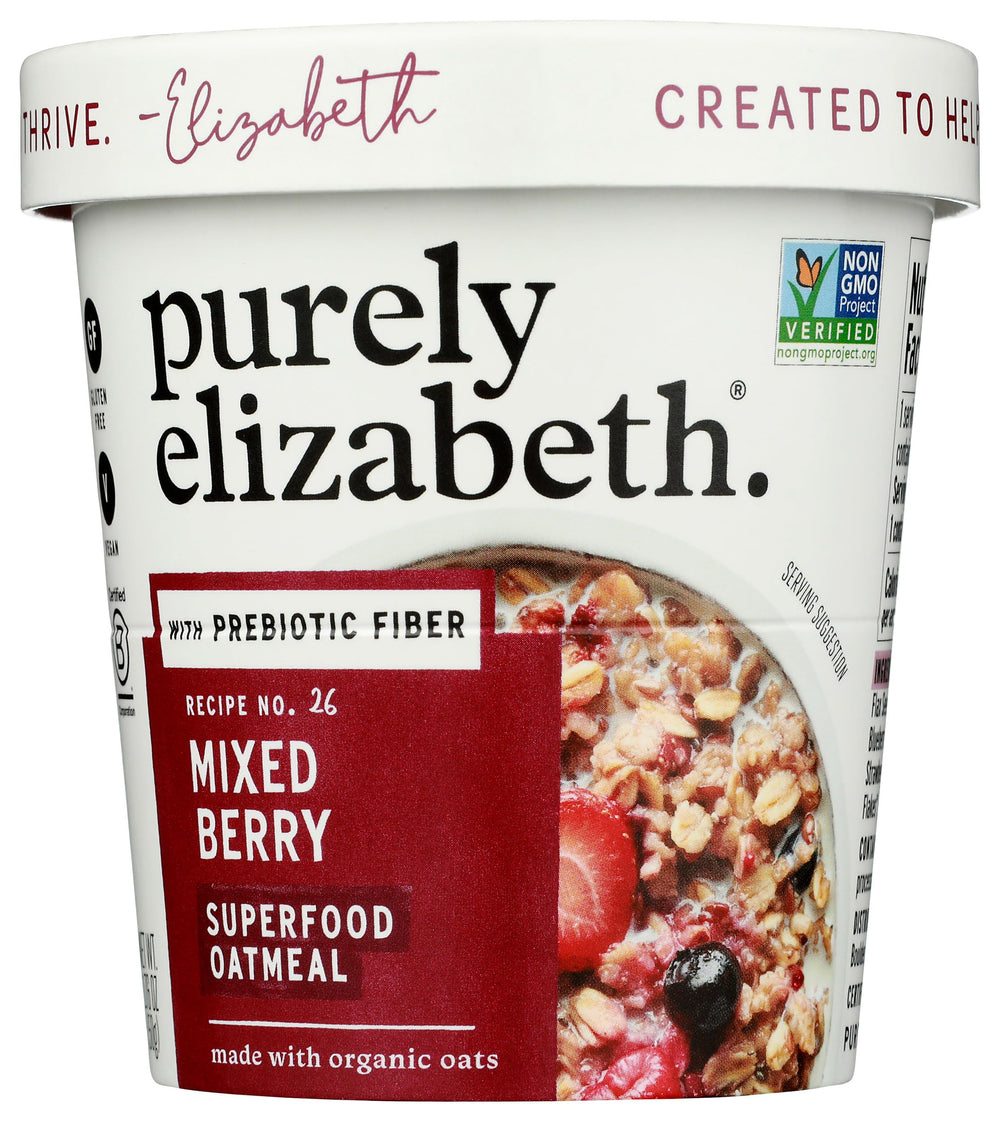 Purely Elizabeth Oatmeal Cup Mix Berry Preb packaging highlights premium ingredients for a quick breakfast.