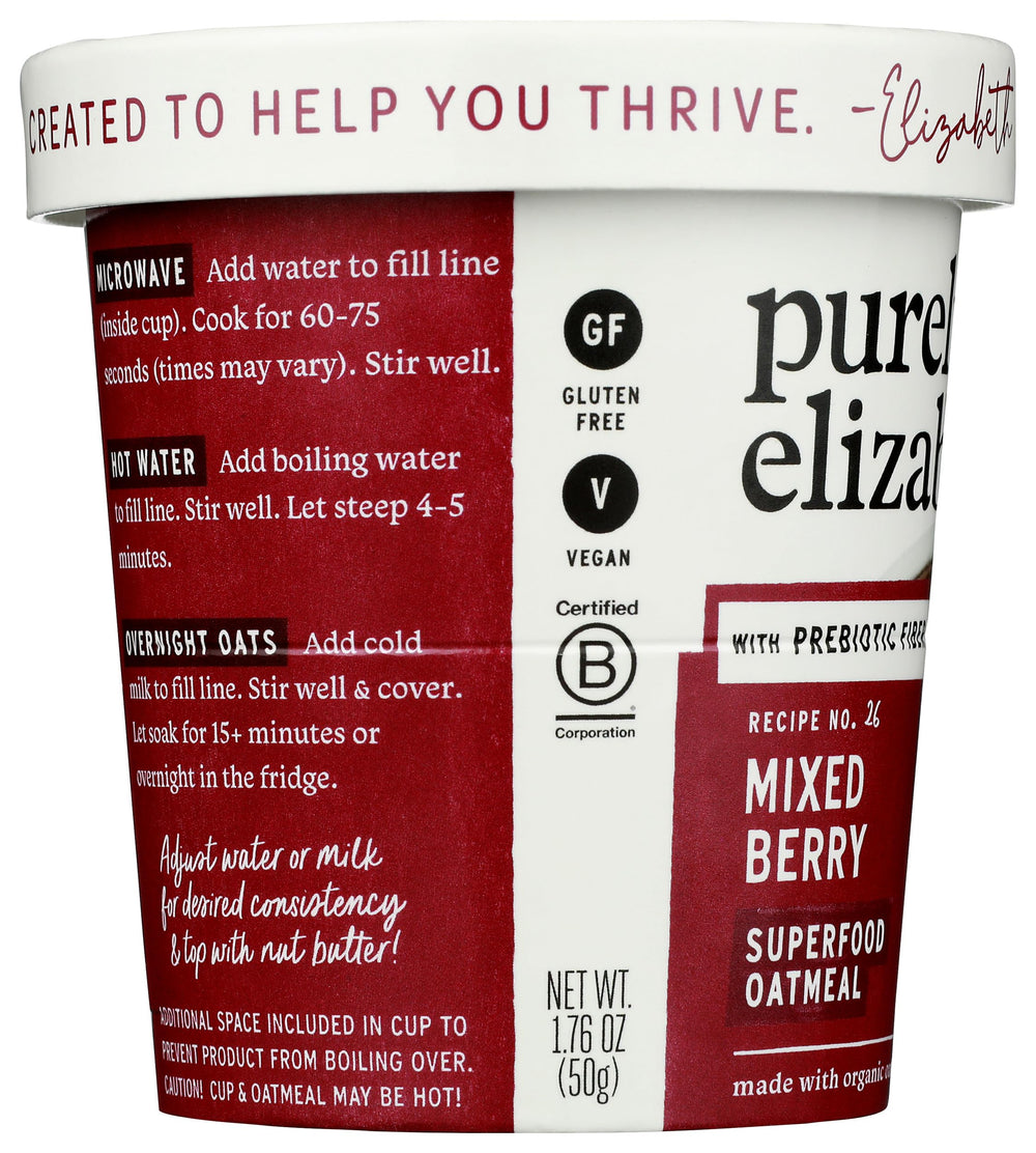 Purely Elizabeth Oatmeal Cup Mix Berry Preb spoon in view suggests simple serving.