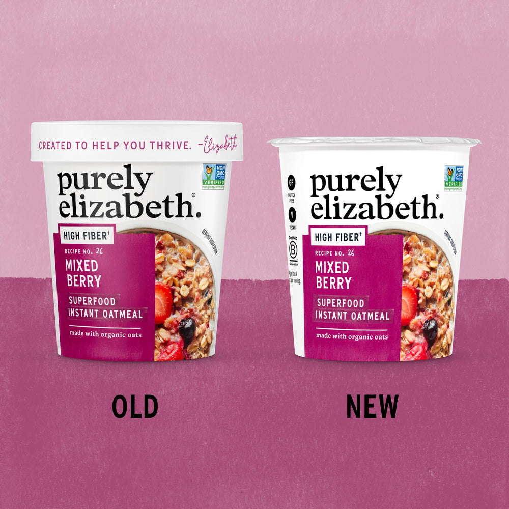Purely Elizabeth oatmeal cup packaging 12-count, convenient single-serve portions