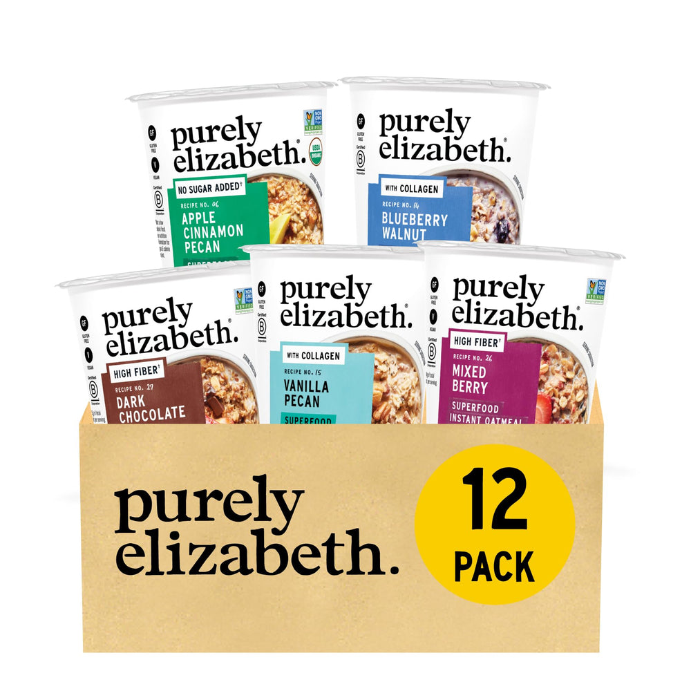 Purely Elizabeth oatmeal cups blueberrry walnut collagen for a protein-rich breakfast.