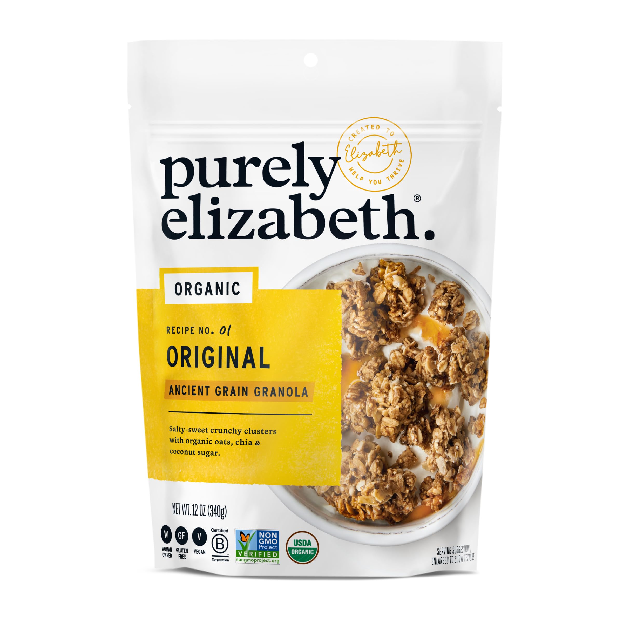 Purely Elizabeth Organic Ancient Grain Granola Original in a 12 oz bag for a wholesome breakfast.