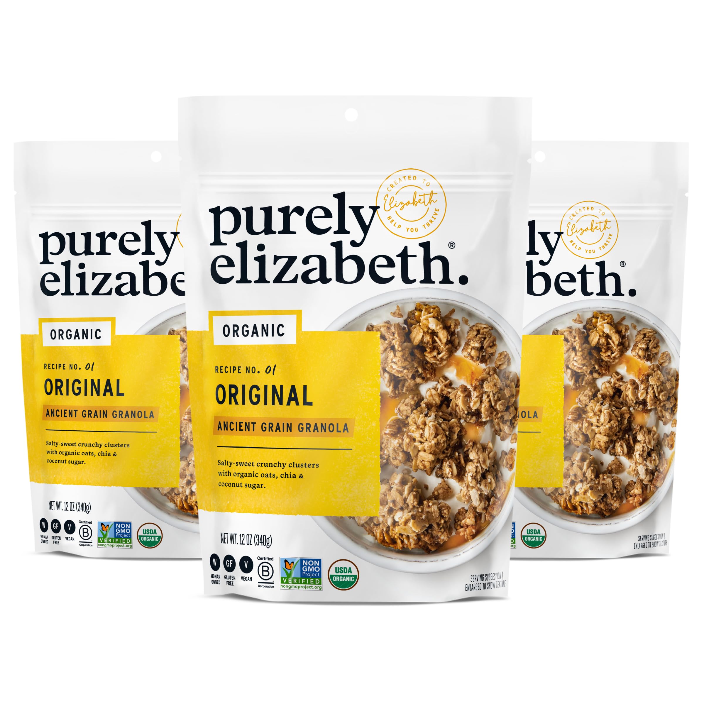 Purely Elizabeth Original Ancient Grain Granola bags for a gluten-free breakfast.