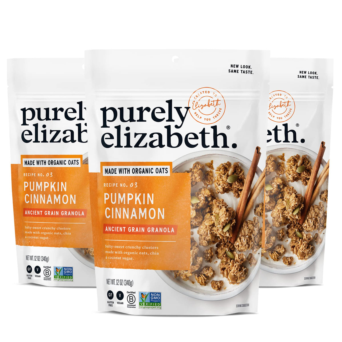Purely Elizabeth Pumpkin Cinnamon Granola bag close-up; gluten-free vegan snack option.