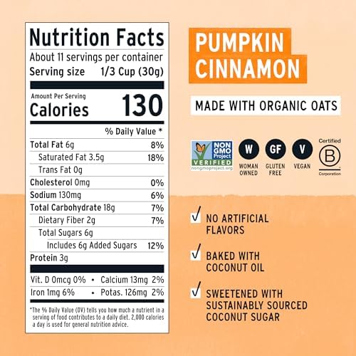 Purely Elizabeth Pumpkin Cinnamon Granola clusters show crunchy texture for quick snacking.