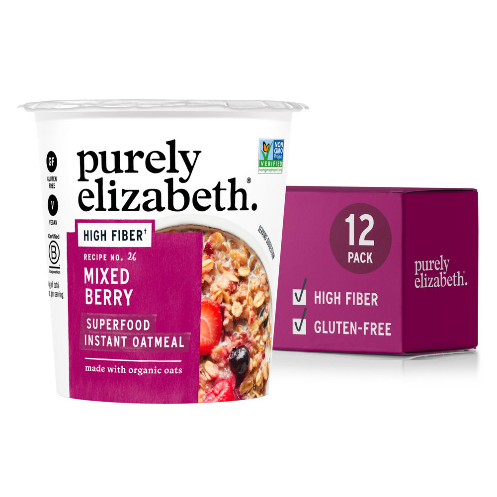 Purely Elizabeth oatmeal cup mixed-berry, quick fiber-rich breakfast option
