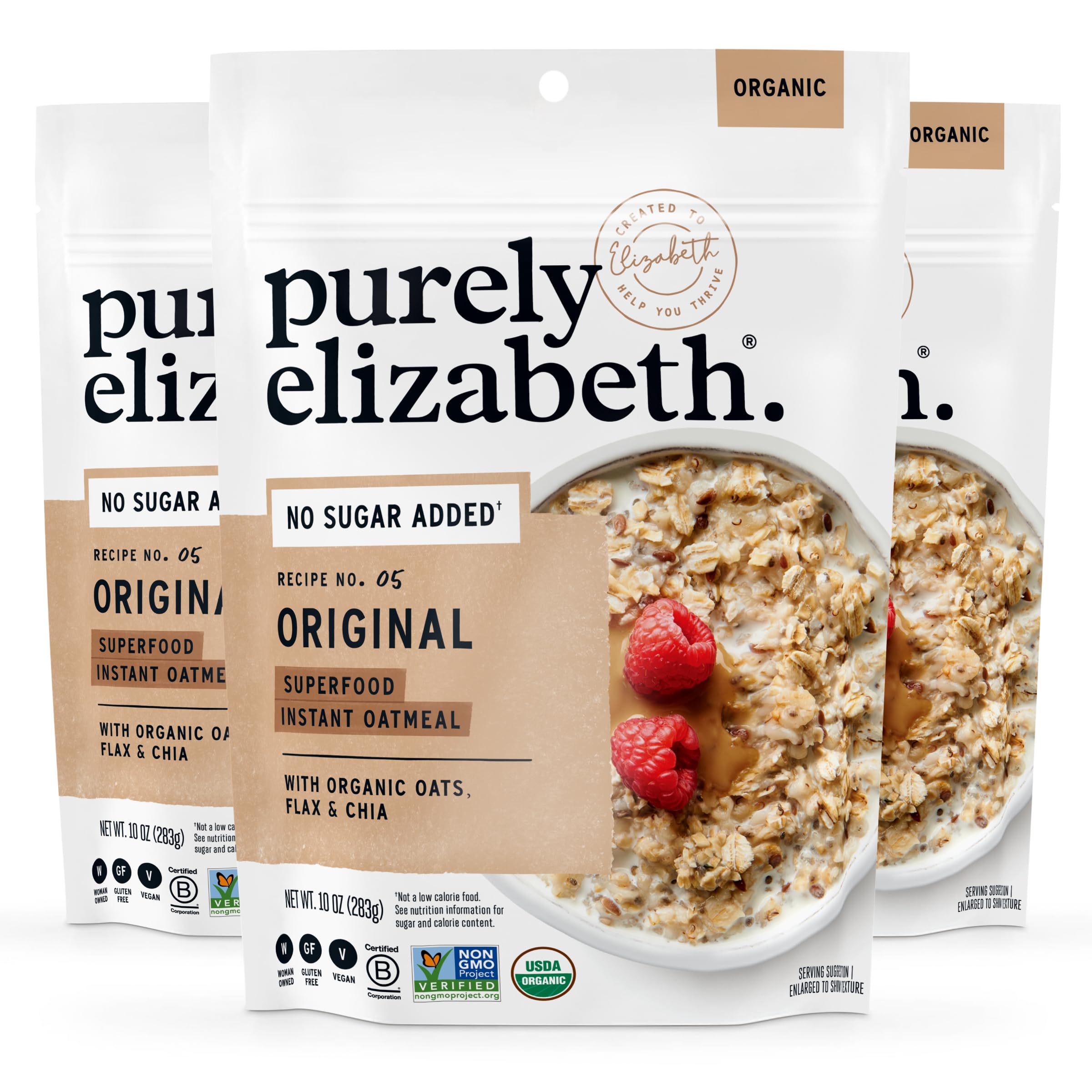 Purely Elizabeth Superfood Oats Original pack front showing gluten-free organic breakfast option