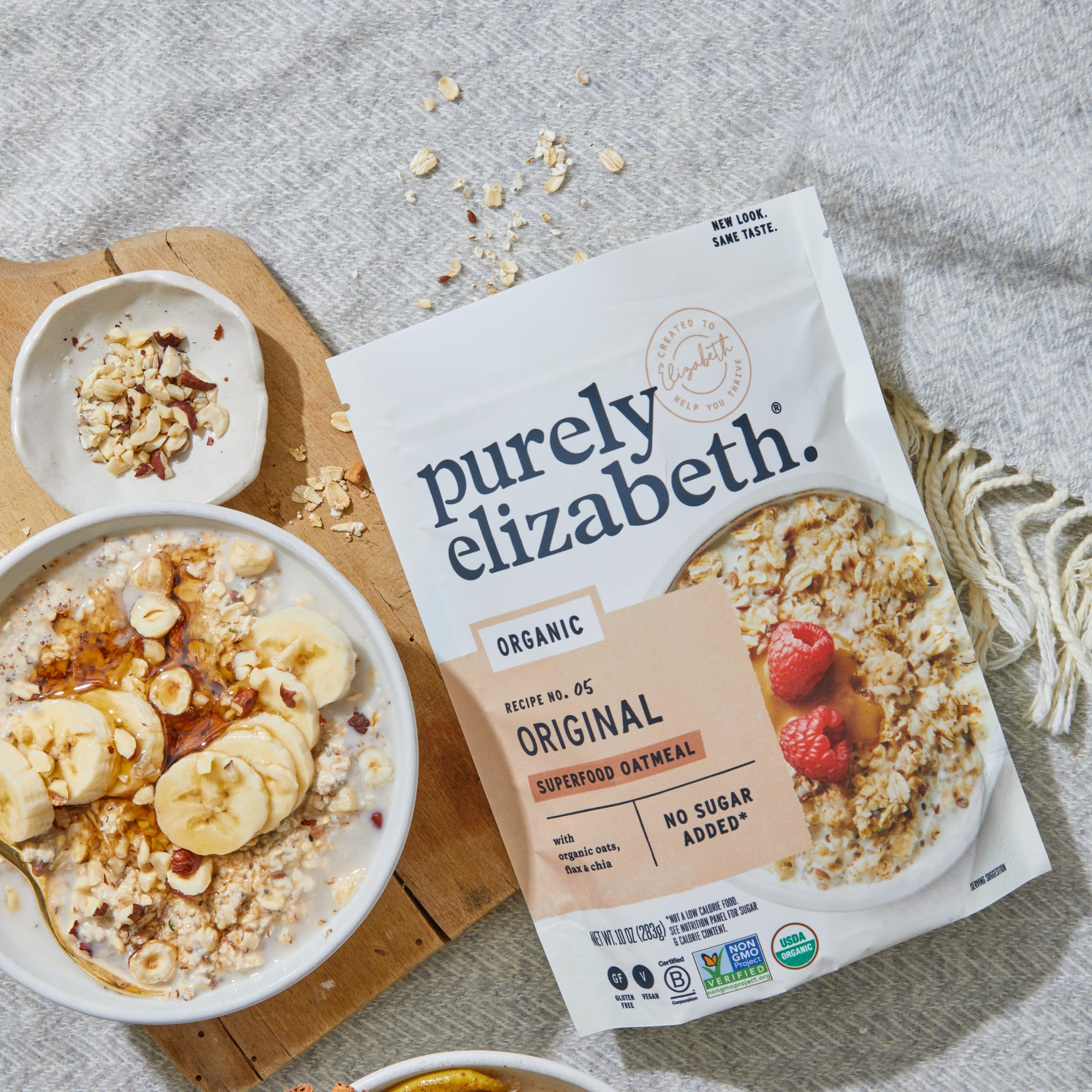Packaging showing organic and gluten-free certification label for Purely Elizabeth