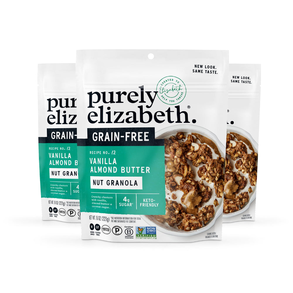 Purely Elizabeth Vanilla Almond Butter Granola packaging shows grain-free keto-friendly clusters.