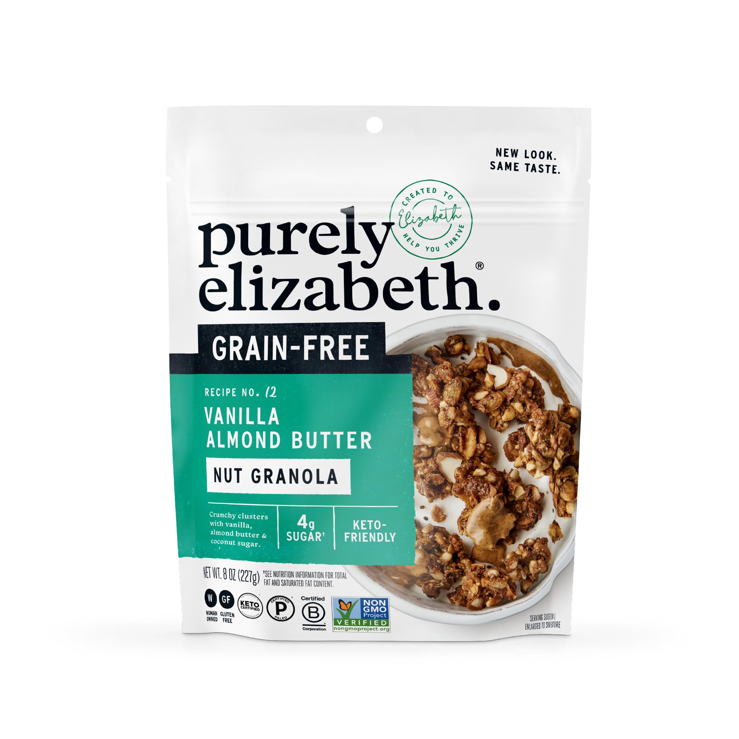 Purely Elizabeth vanilla almond butter granola bowl showing crunchy breakfast option
