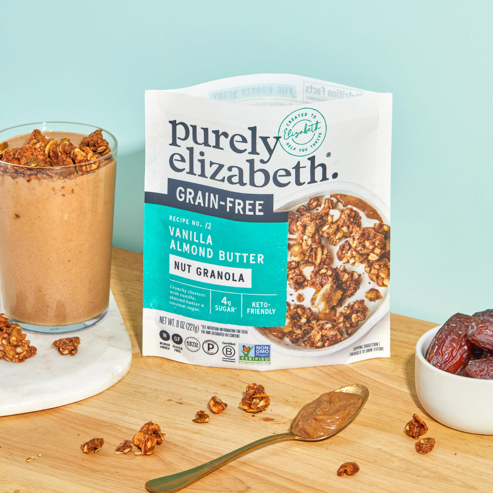 Purely Elizabeth vanilla almond butter granola jar closeup