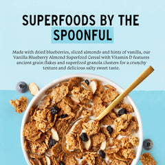 Purely Elizabeth Vanilla Blueberry Almond Cereal closeup bowl reveals crunchy texture