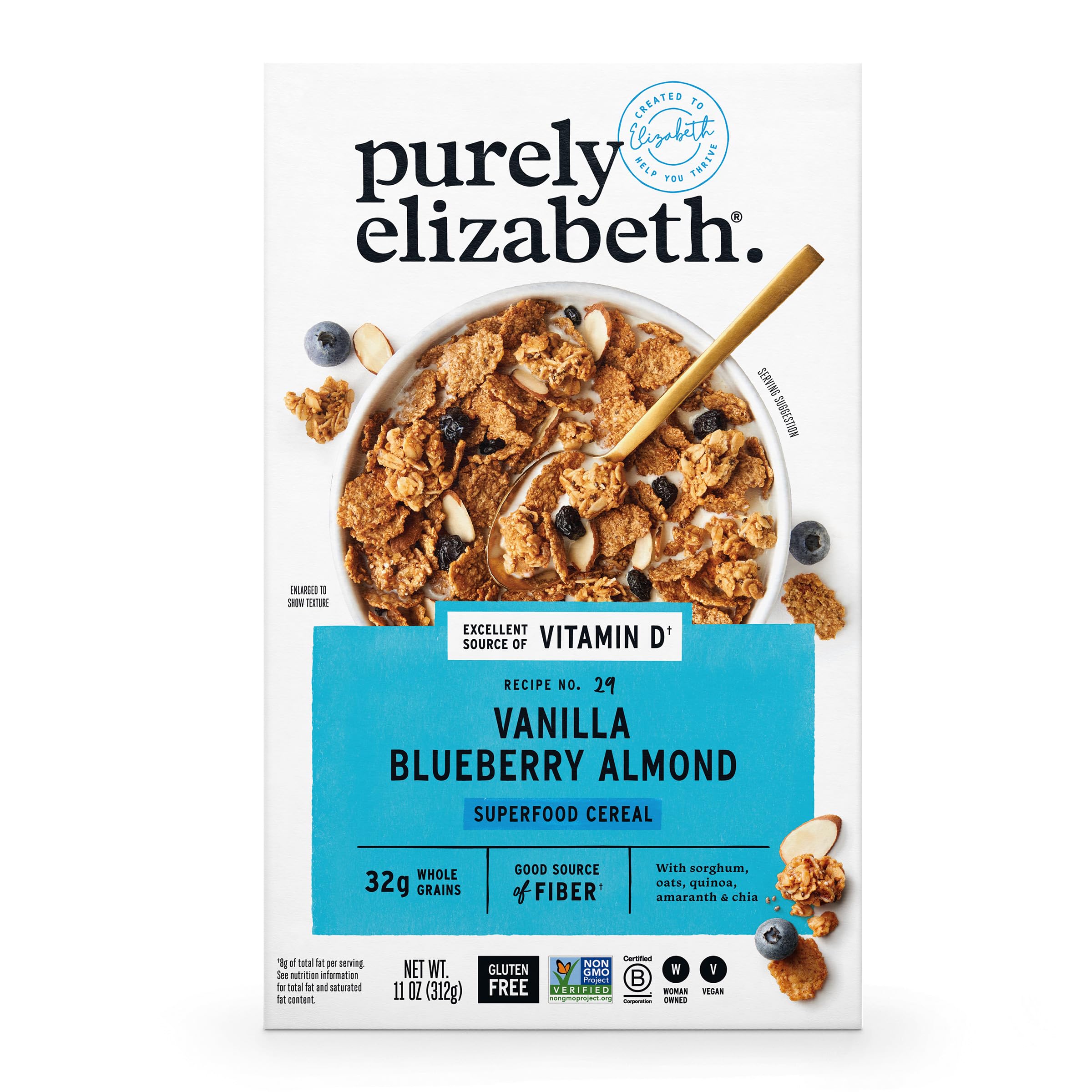 Purely Elizabeth Vanilla Blueberry Almond Cereal pack shot highlighting premium ingredients