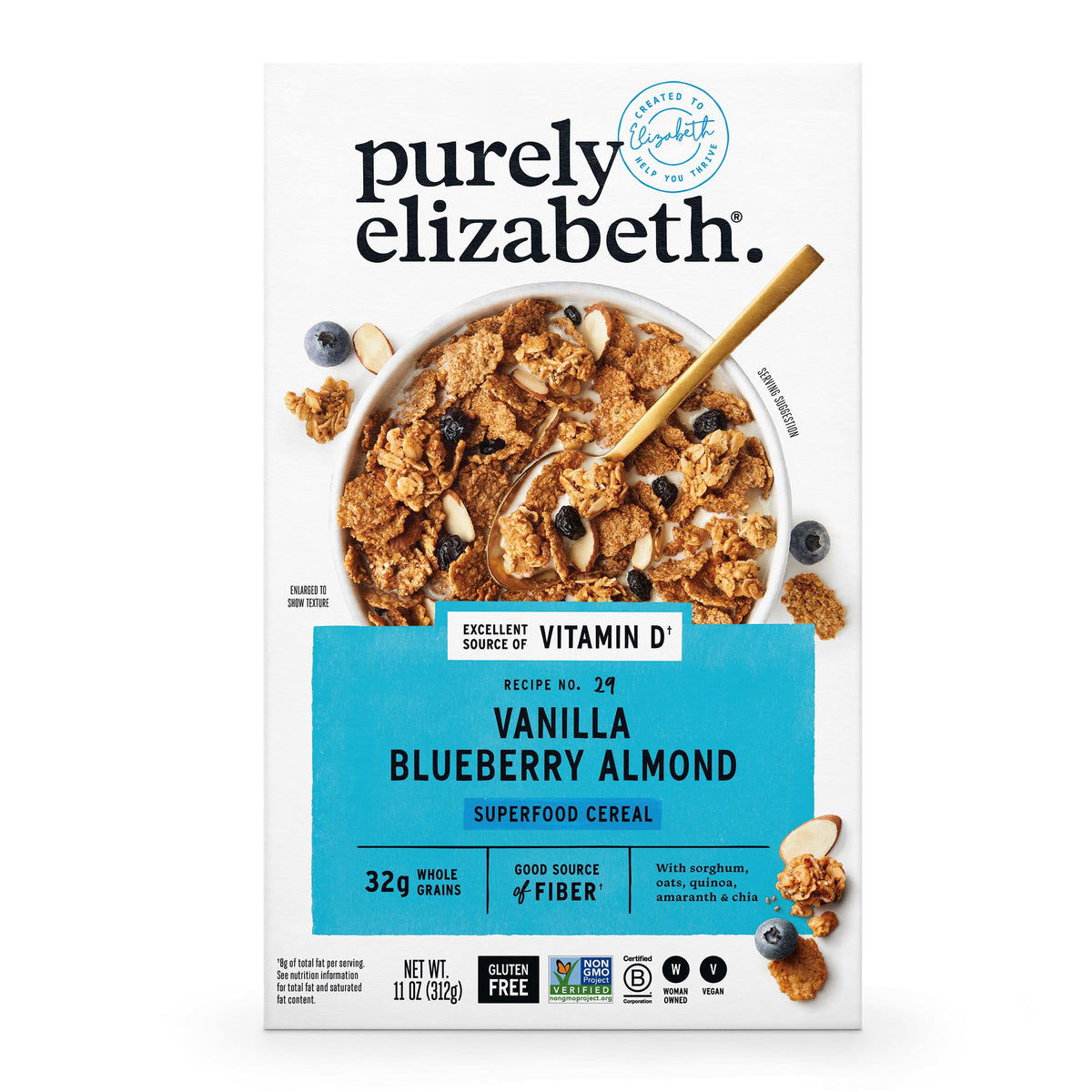 Purely Elizabeth Vanilla Blueberry Almond Cereal pack shot highlighting premium ingredients