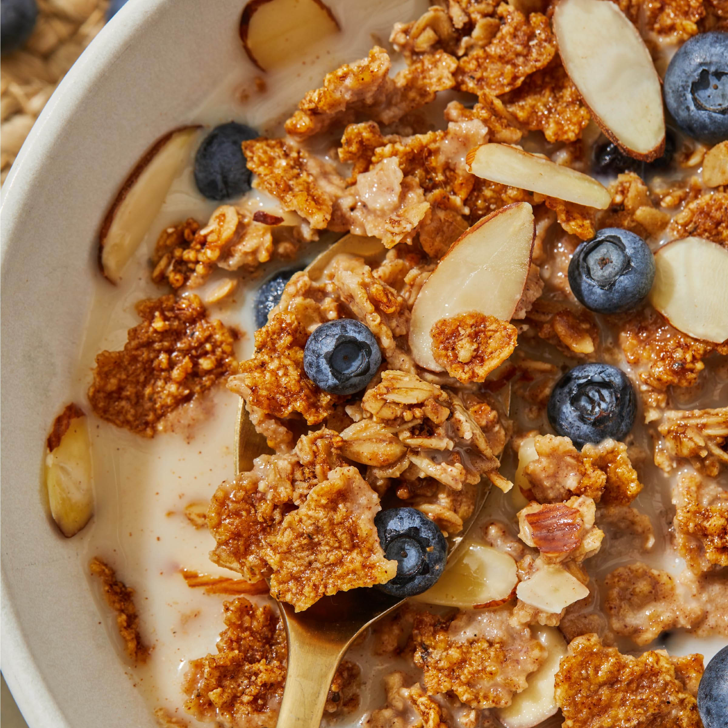 Purely Elizabeth Vanilla Blueberry Almond Cereal with milk conveys wholesome start