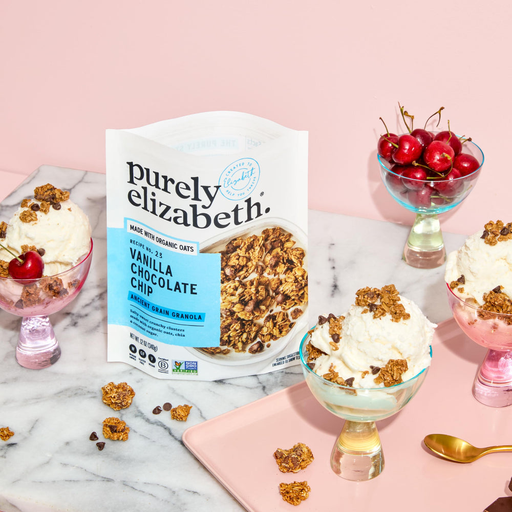 Purely Elizabeth Vanilla Chocolate Chip bag, non-GMO gluten-free treat.
