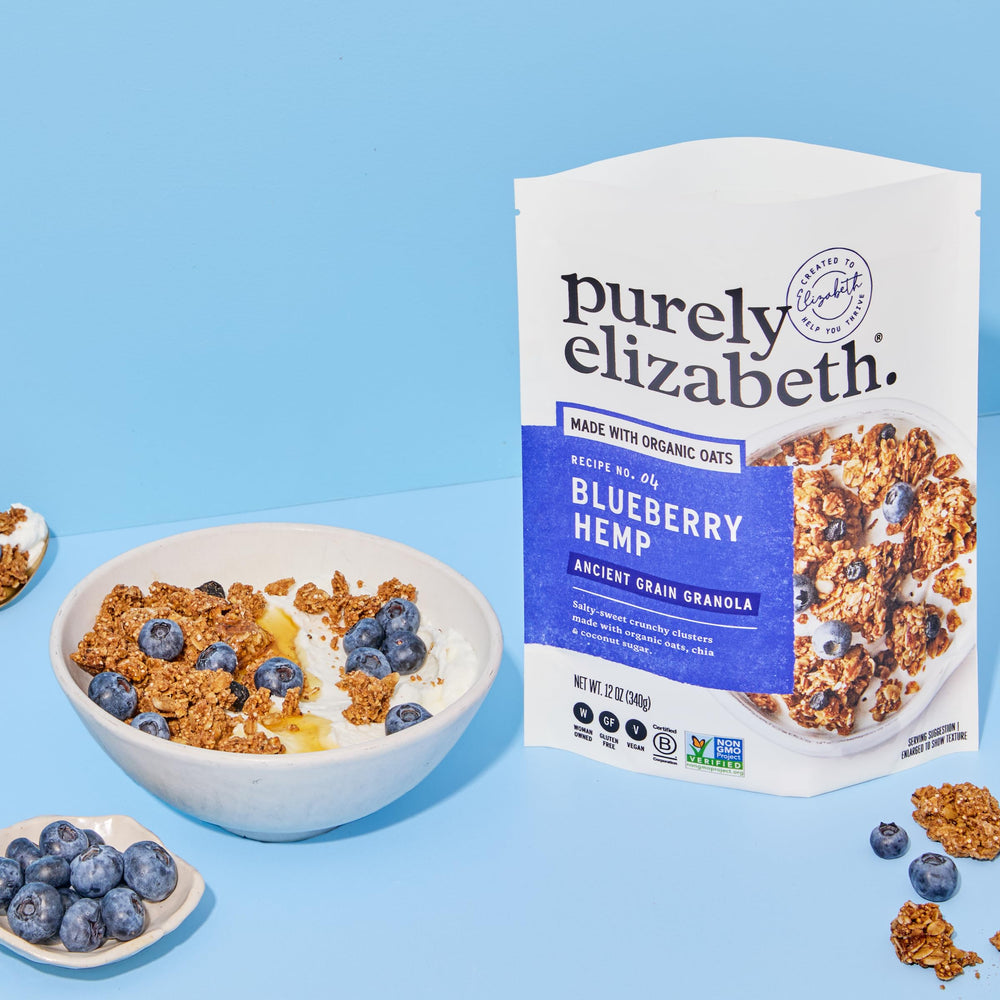 Purely Elizabeth Vanilla Chocolate Chip clusters close-up, great as a snack or topping.