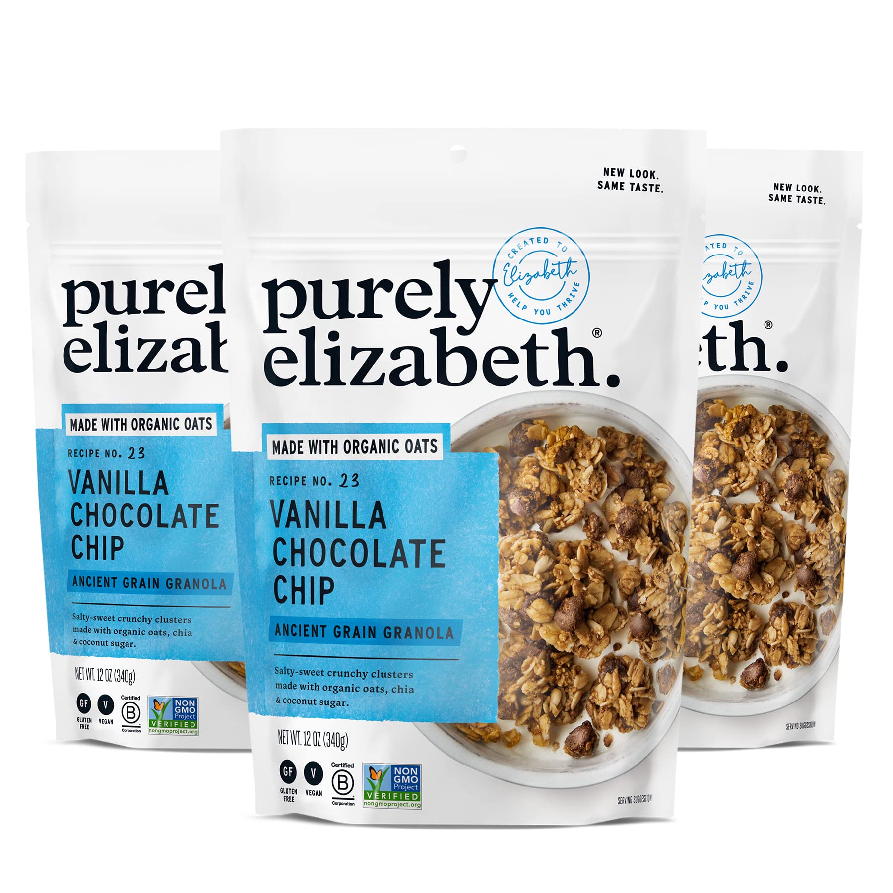 Purely Elizabeth Vanilla Chocolate Chip Granola 3ct pack for convenient snacking.