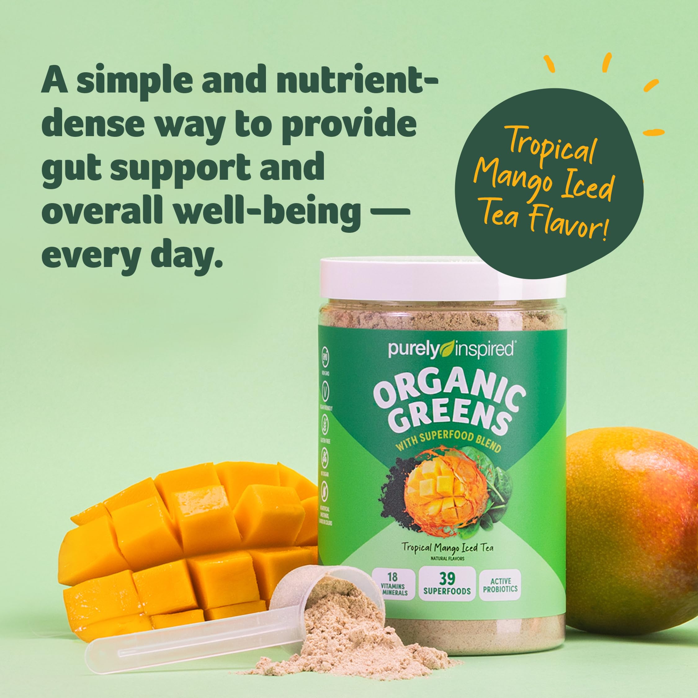 Purely Inspired Organic Greens with mango flavor nutrition panel.