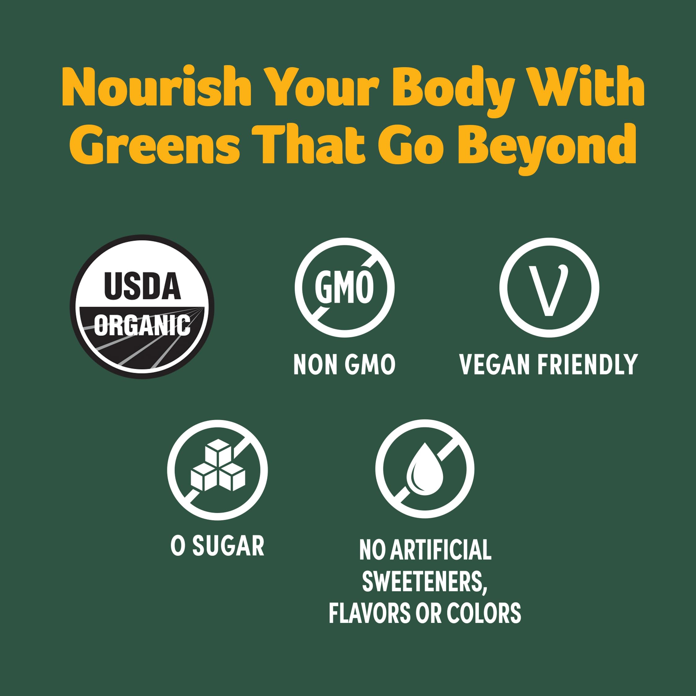 Purely Inspired Greens bottle shows spirulina and chlorella ingredients.