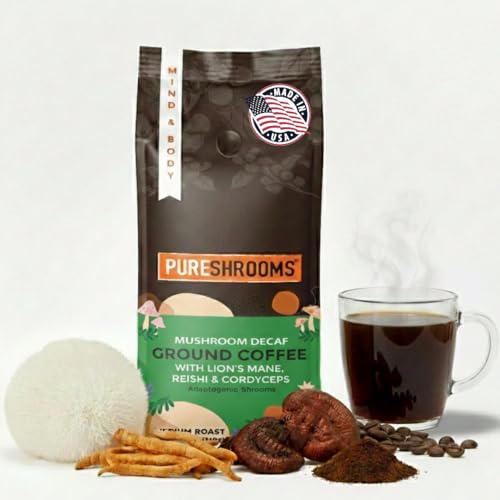 PureShrooms decaf ground pack suited for auto-drip and pour-over.