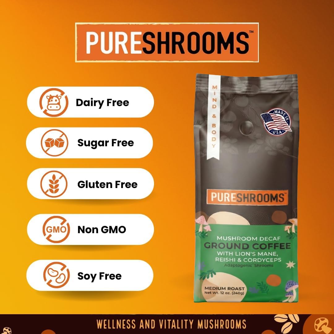 PureShrooms decaf label close-up emphasizes single-origin Guatemala details.