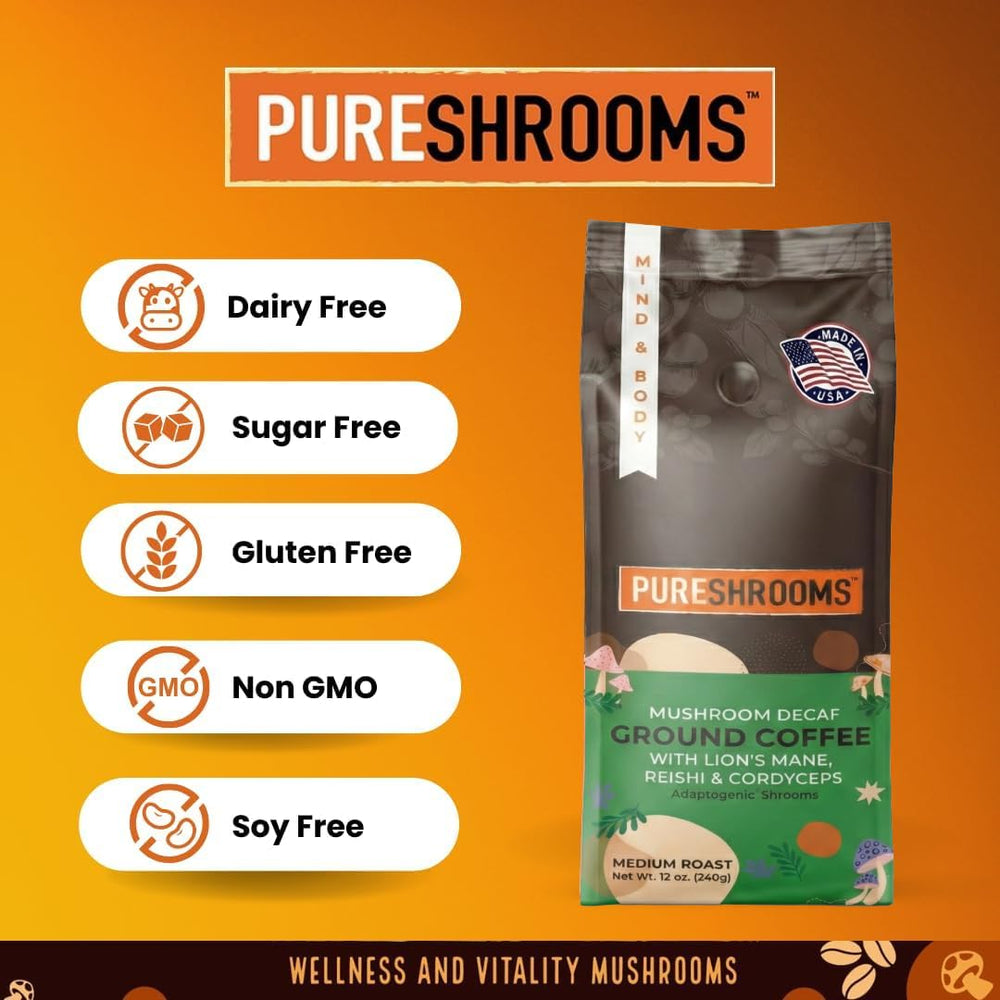 PureShrooms decaf label close-up emphasizes single-origin Guatemala details.
