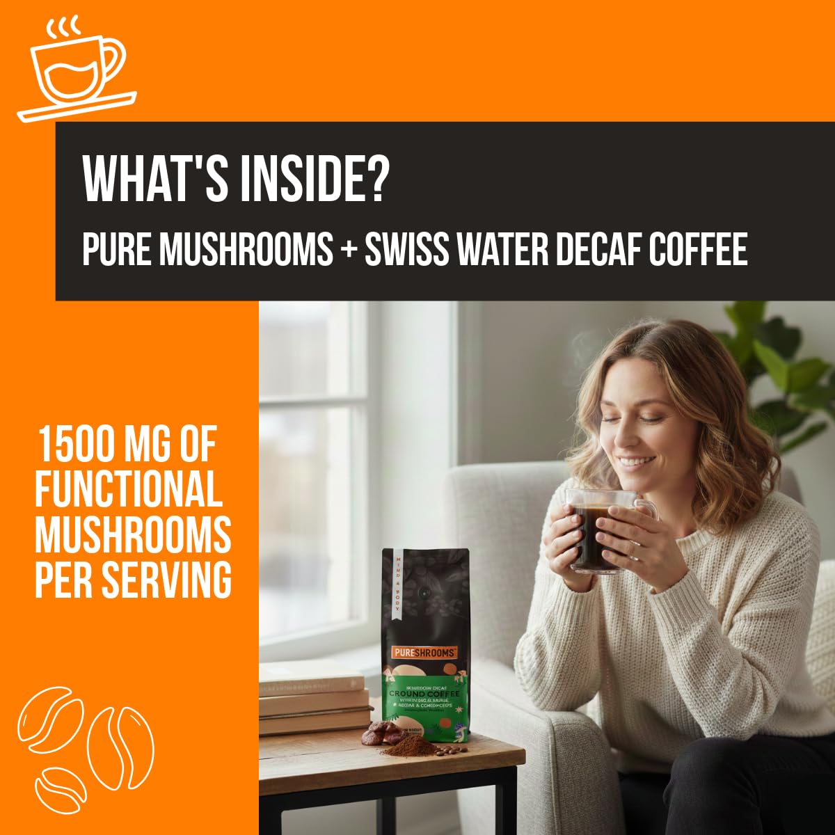 PureShrooms decaf pour-over setup with mug for manual brews.