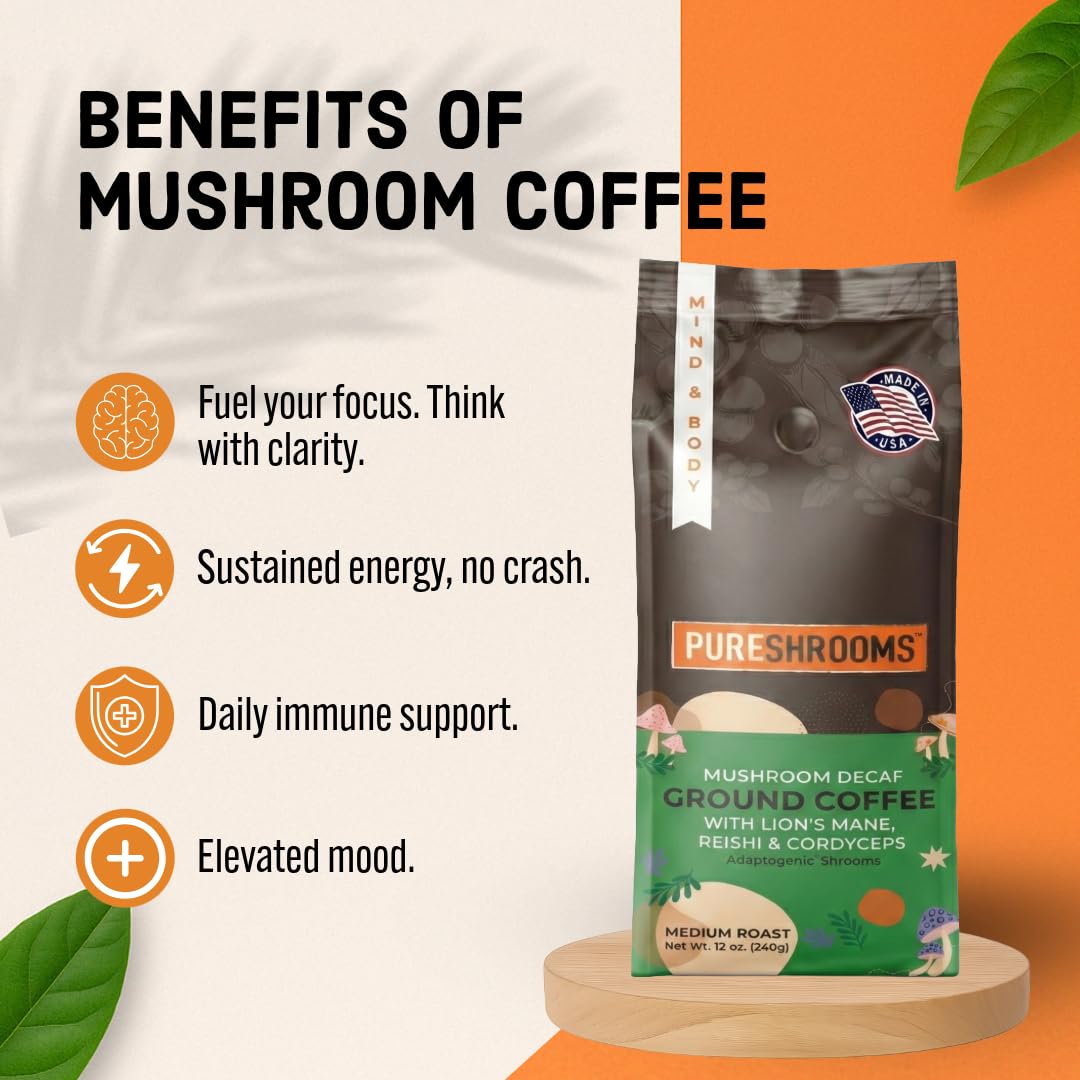 PureShrooms decaf coffee scoop beside bag for precise measuring.