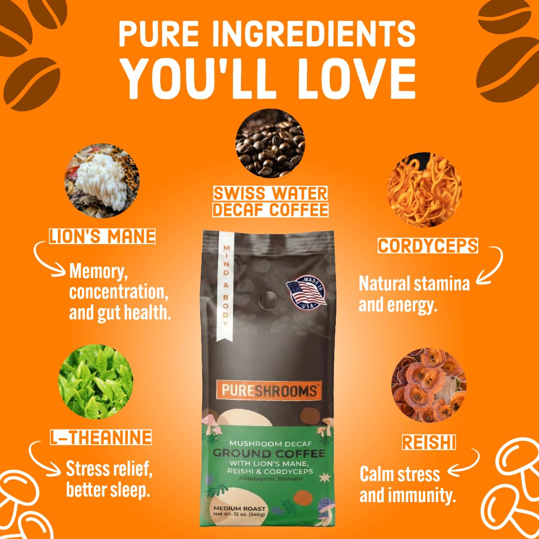 PureShrooms steaming cup showcases ready-to-brew caffeine-free experience.