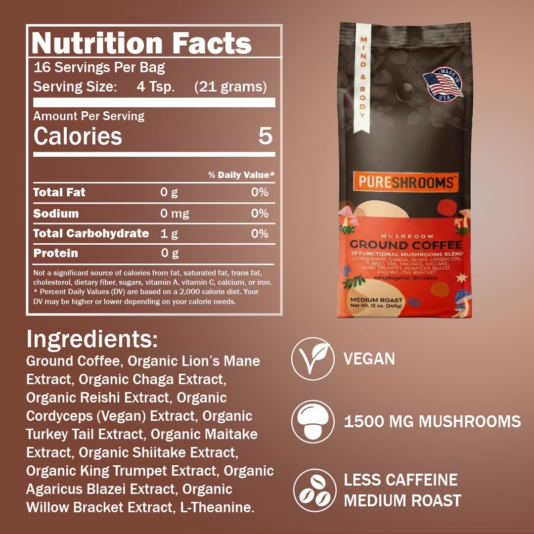 PureShrooms Agaricus Blazei coffee blend supports daily vitality and mental clarity