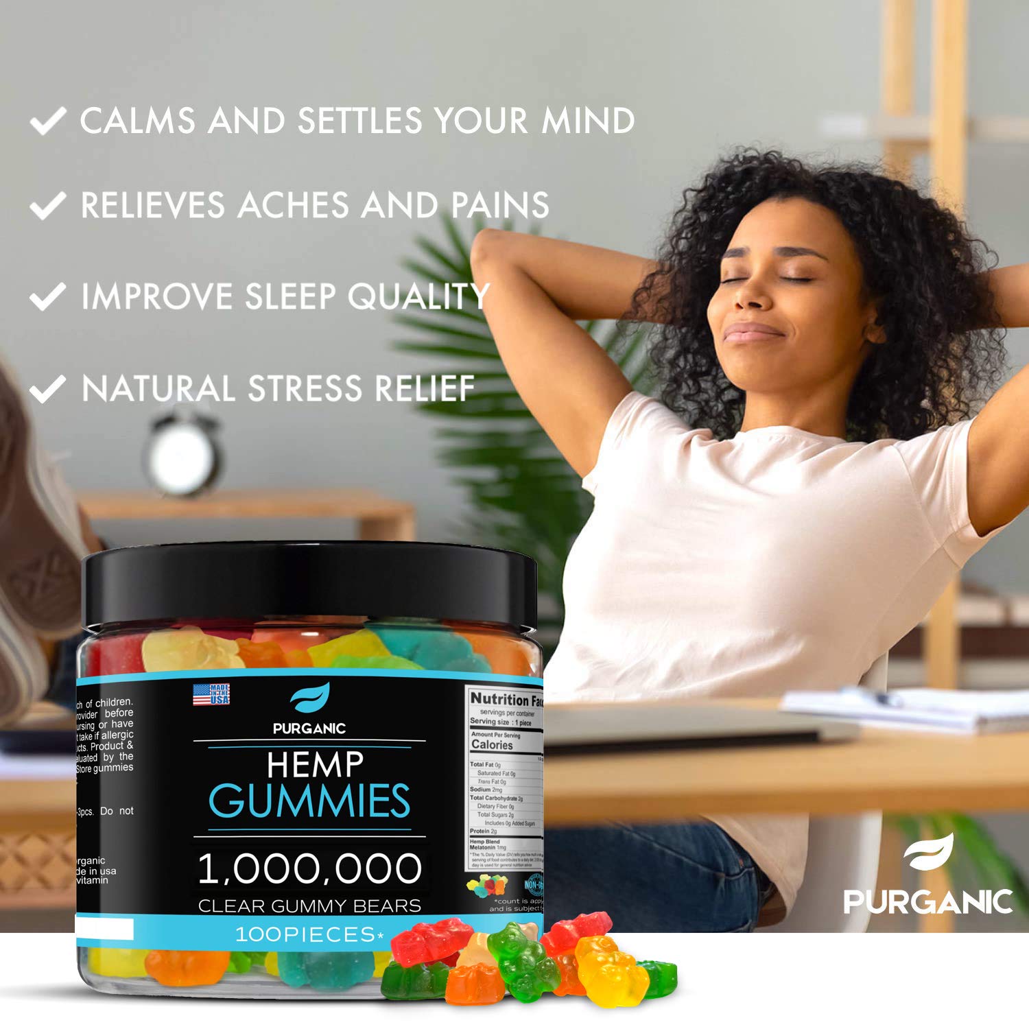 Purganic Gummies jar closeup, chewy gummies ready to enjoy.