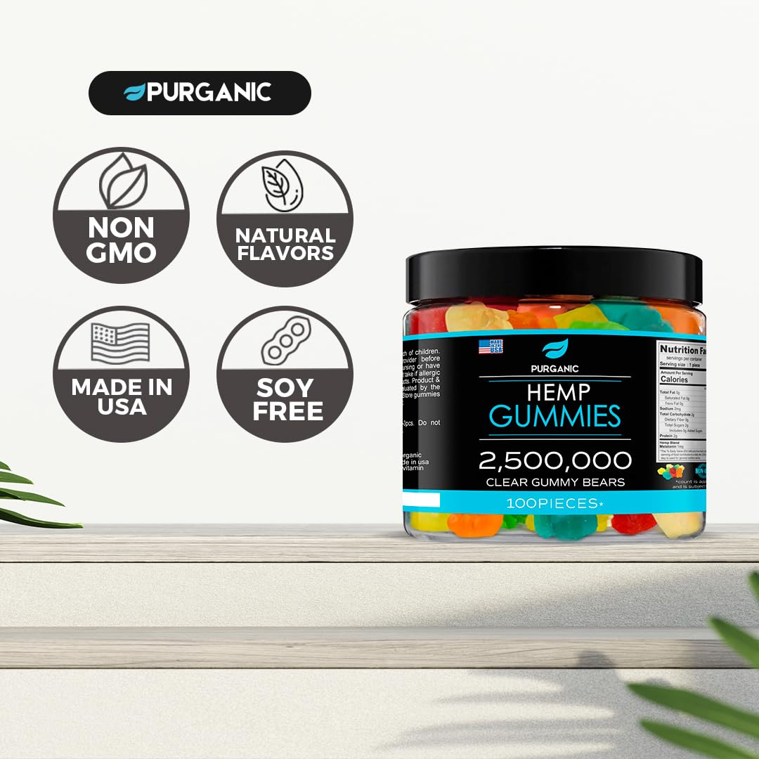 Purganic Hemp Gummies bottle front: USA-made gummies ready for daily enjoyment.