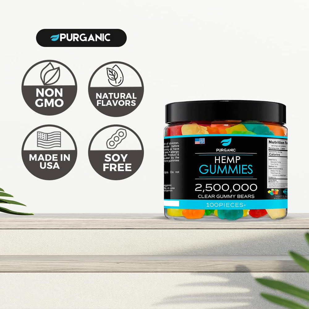 Purganic Hemp Gummies bottle front: USA-made gummies ready for daily enjoyment.